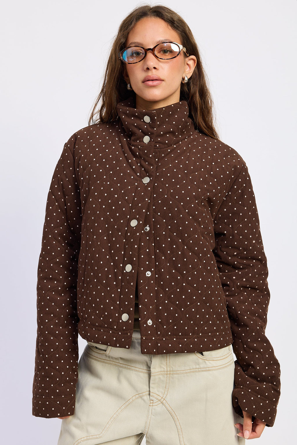 Polka Dot Quilted Puffer Jacket in espresso, detail