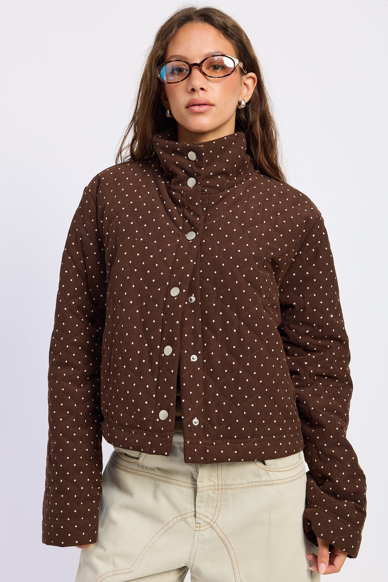 Polka Dot Quilted Puffer Jacket in espresso, detail