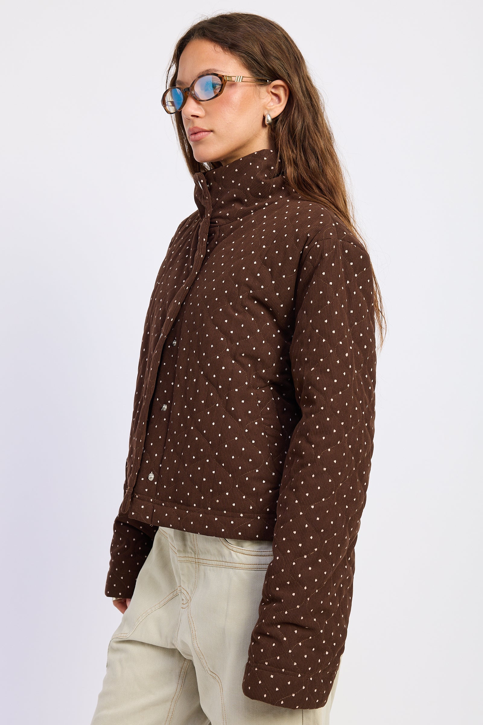 Polka Dot Quilted Puffer Jacket in espresso, side view