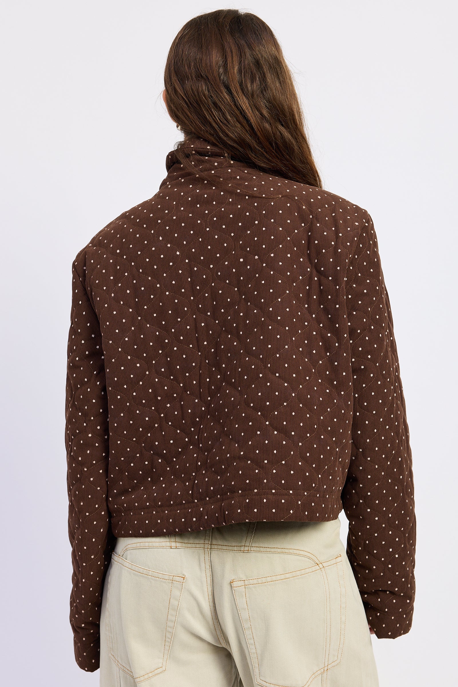 Polka Dot Quilted Puffer Jacket in espresso, close-up