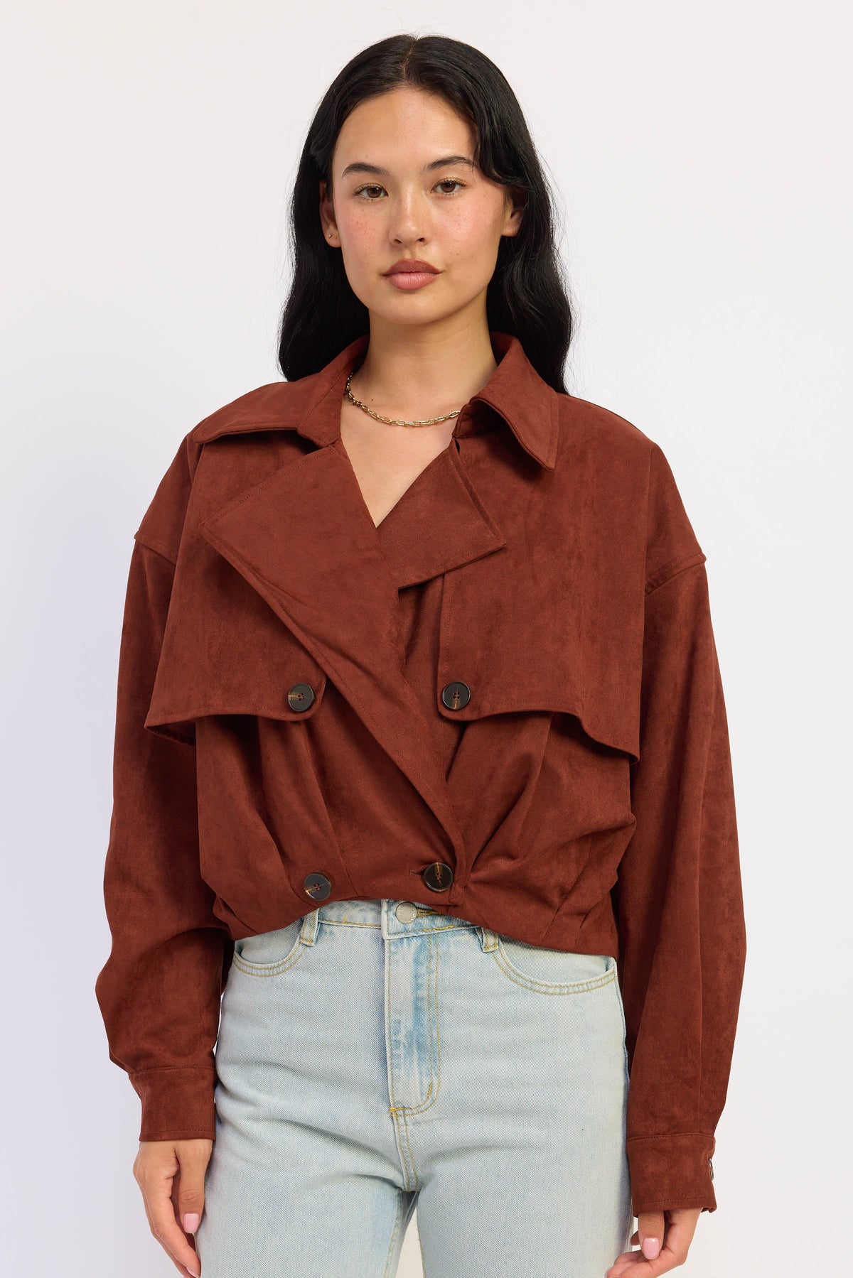 Faux Suede Cropped Trench Coat in mahogany, front view