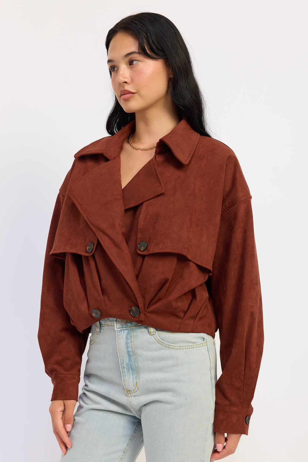 Faux Suede Cropped Trench Coat in mahogany, detail