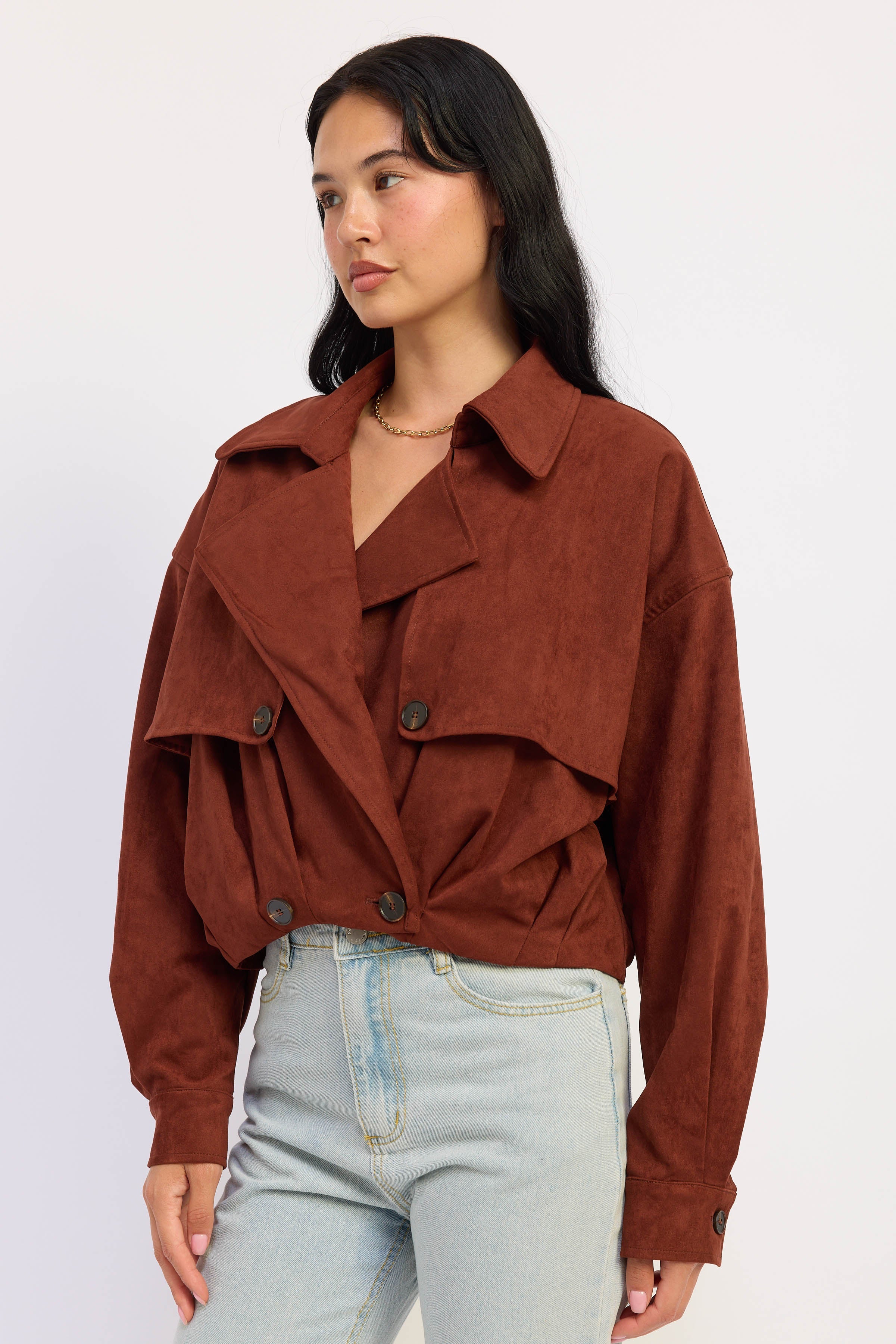 Faux Suede Cropped Trench Coat in mahogany, detail