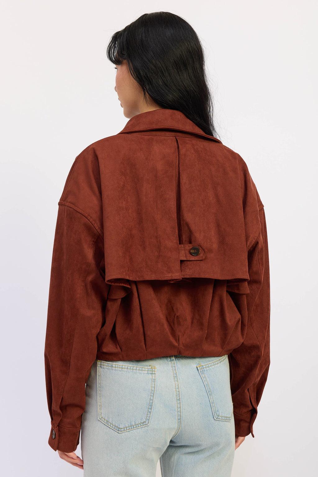 Faux Suede Cropped Trench Coat in mahogany, side view