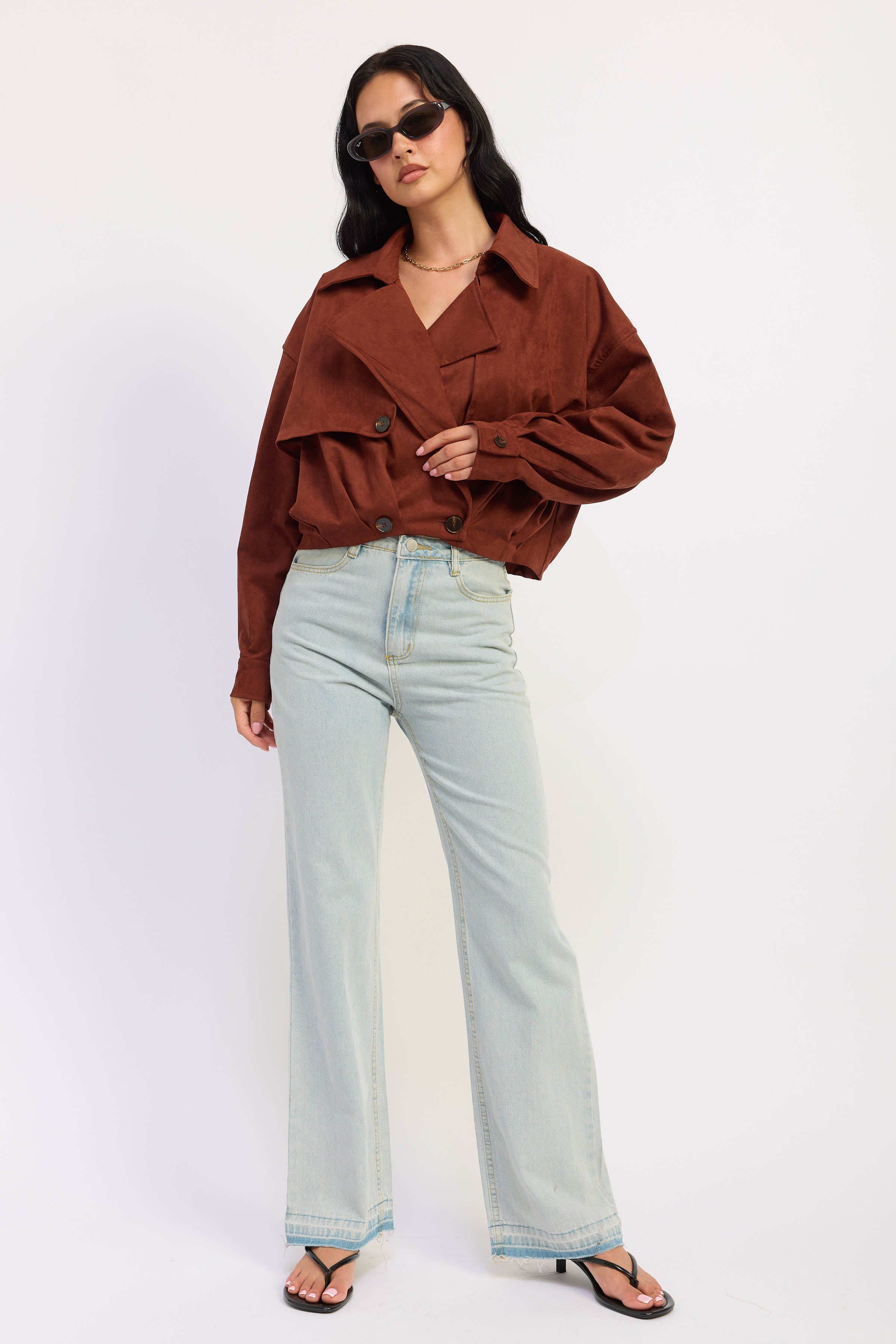 Faux Suede Cropped Trench Coat in mahogany, worn