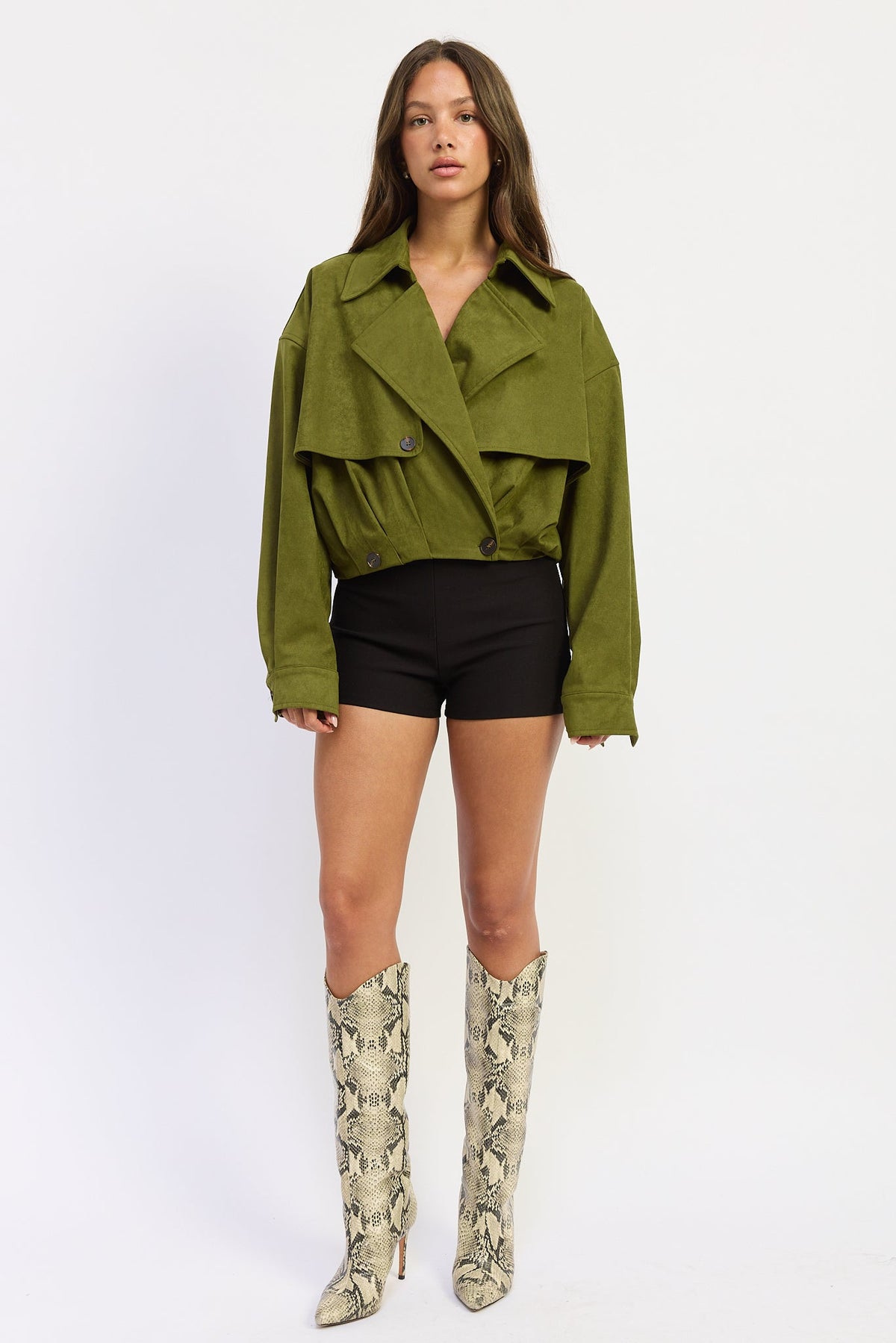 Faux Suede Cropped Trench Coat in matcha, front view
