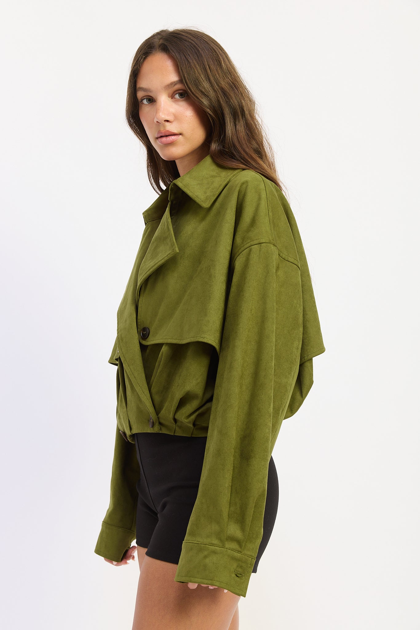 Faux Suede Cropped Trench Coat in matcha, side view