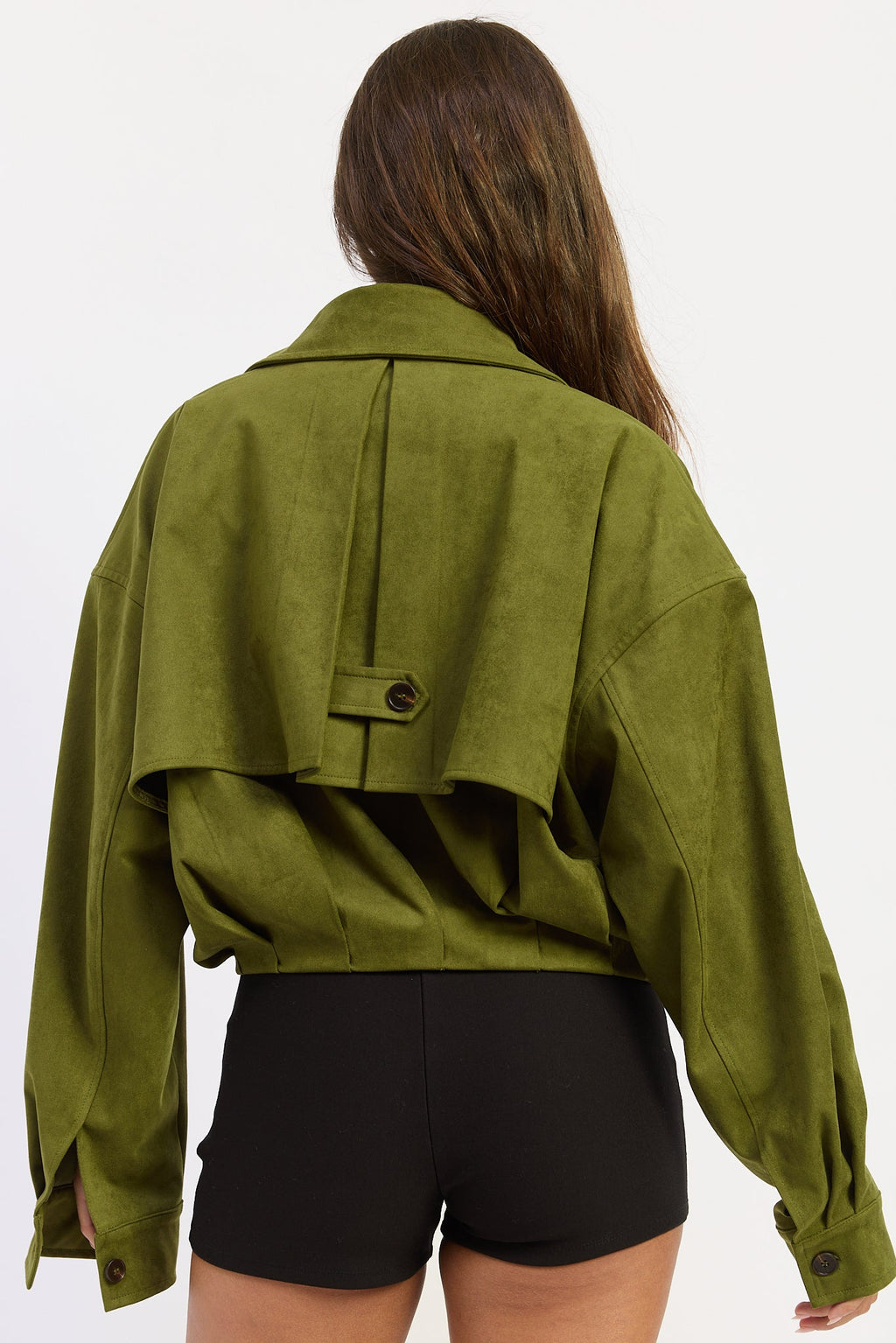 Faux Suede Cropped Trench Coat in matcha, worn