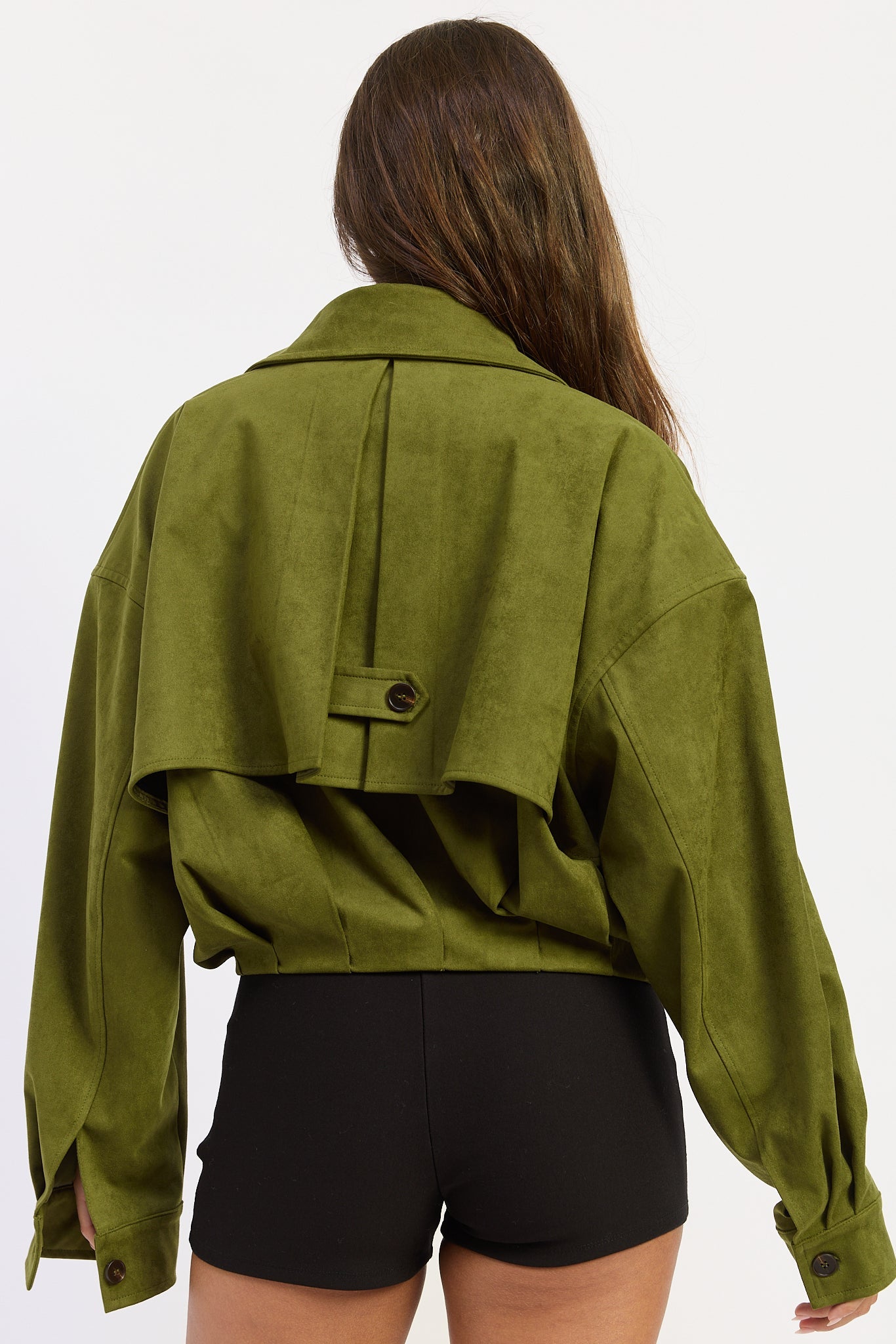 Faux Suede Cropped Trench Coat in matcha, worn