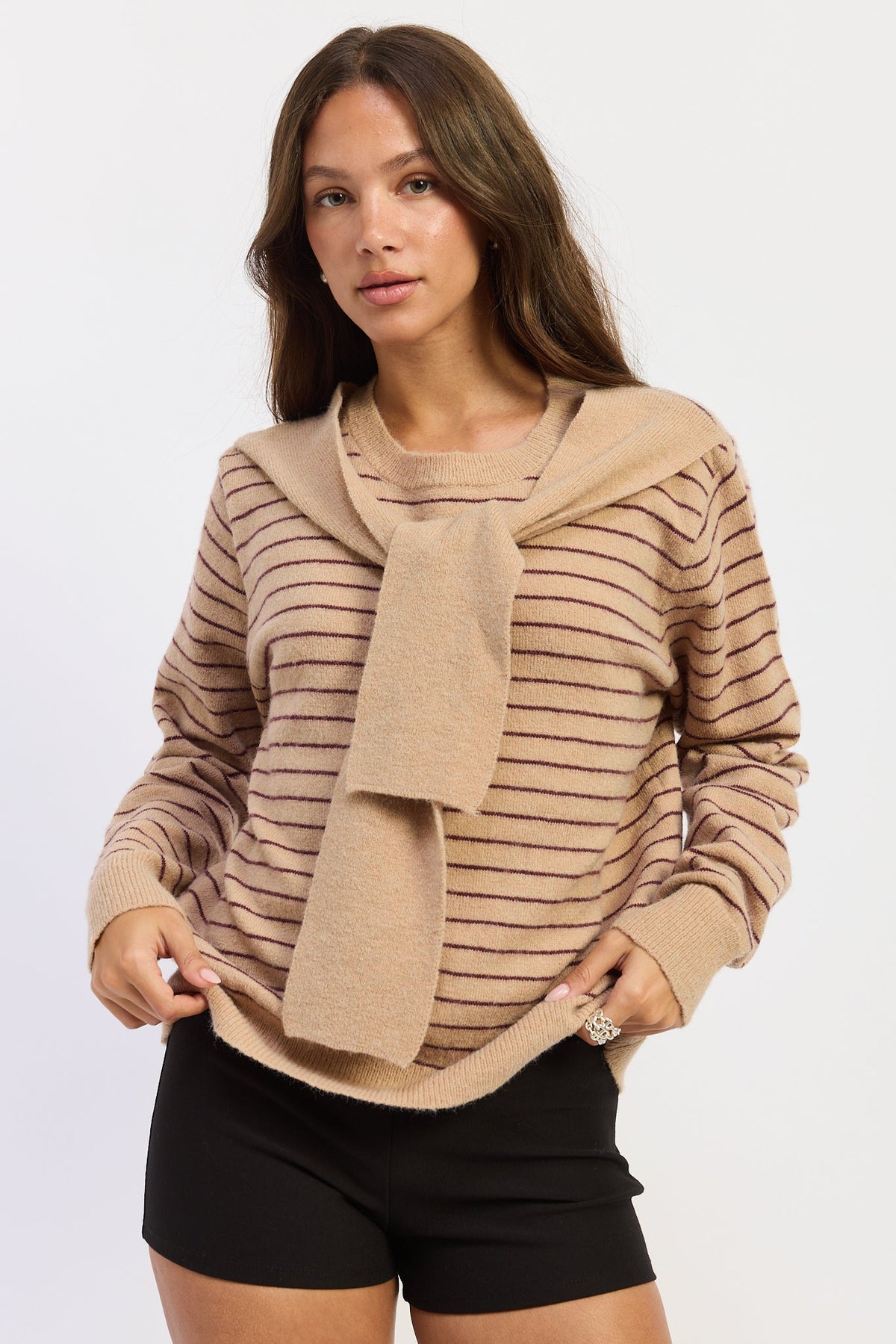 Hailey Sweater in beige merlot stripe - front view