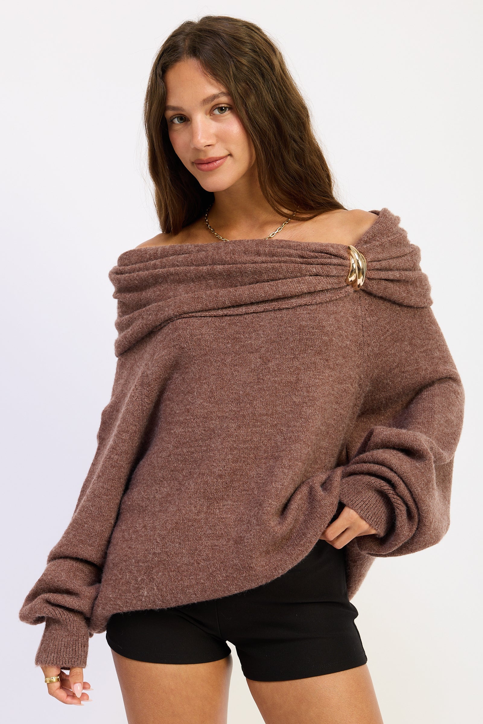 Off Shoulder Bubble Sweater in chocolate, front view