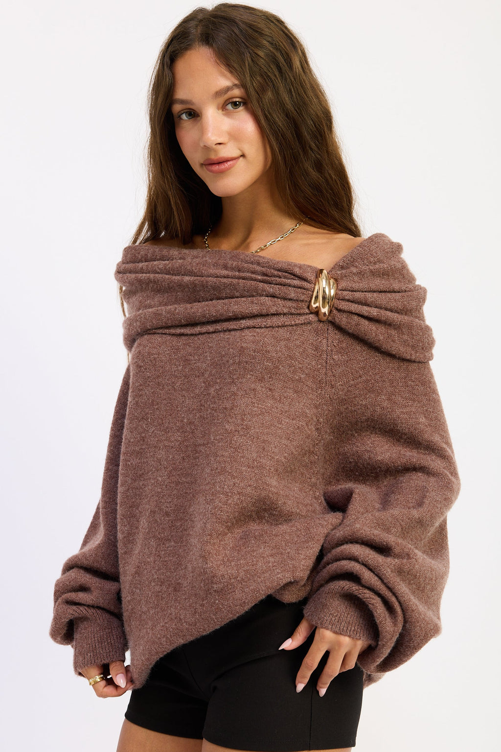 Off Shoulder Bubble Sweater in chocolate, detail