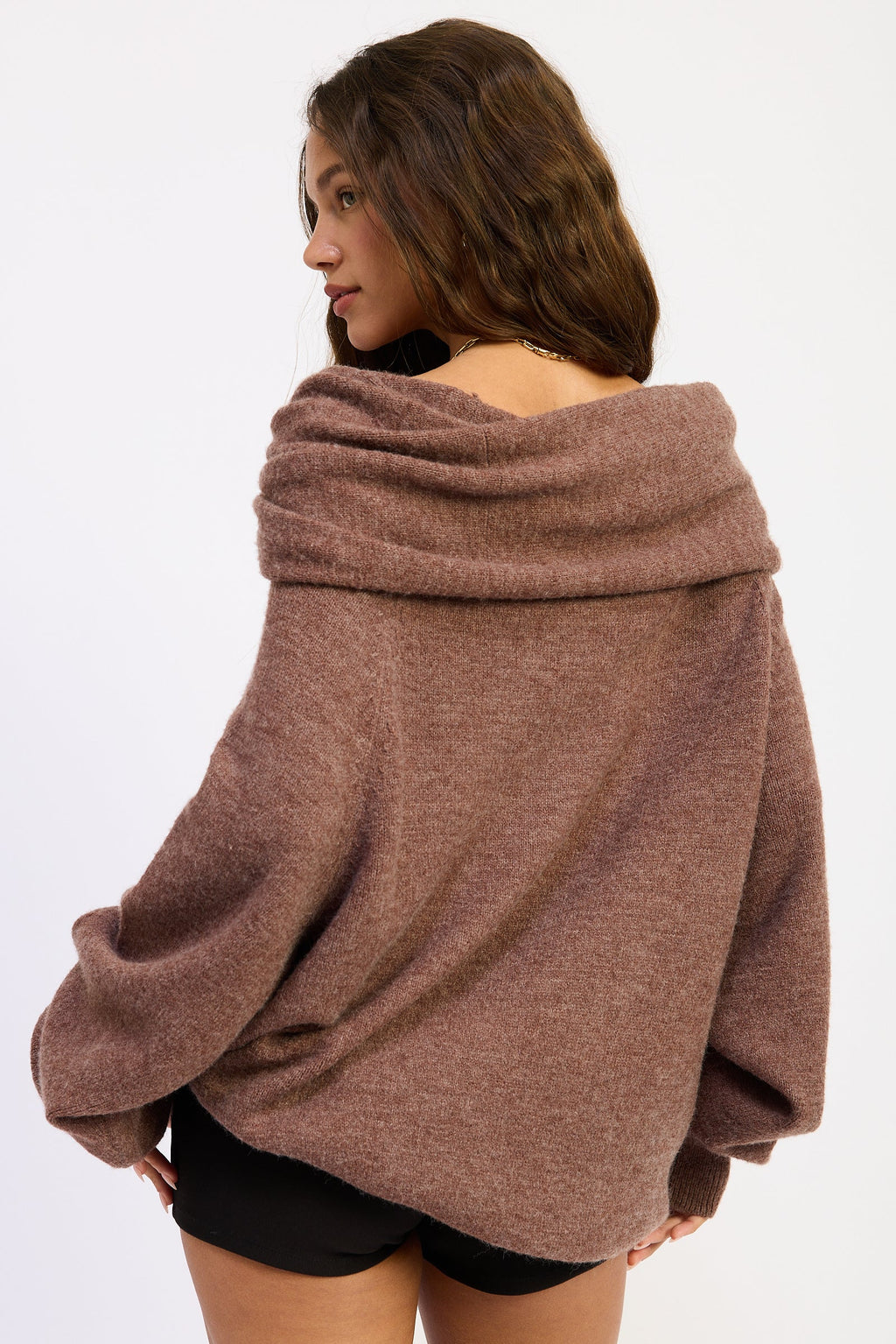 Off Shoulder Bubble Sweater in chocolate, side view