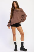 Off Shoulder Bubble Sweater in chocolate, back view