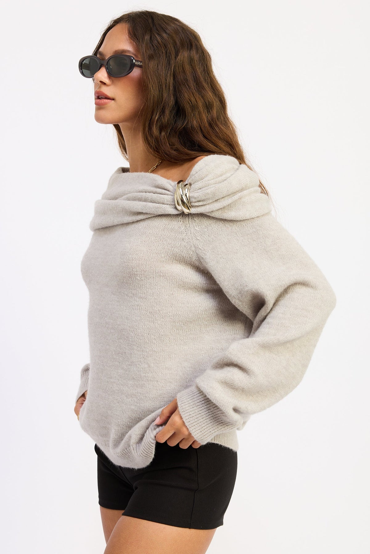 Off Shoulder Bubble Sweater in grey, side view
