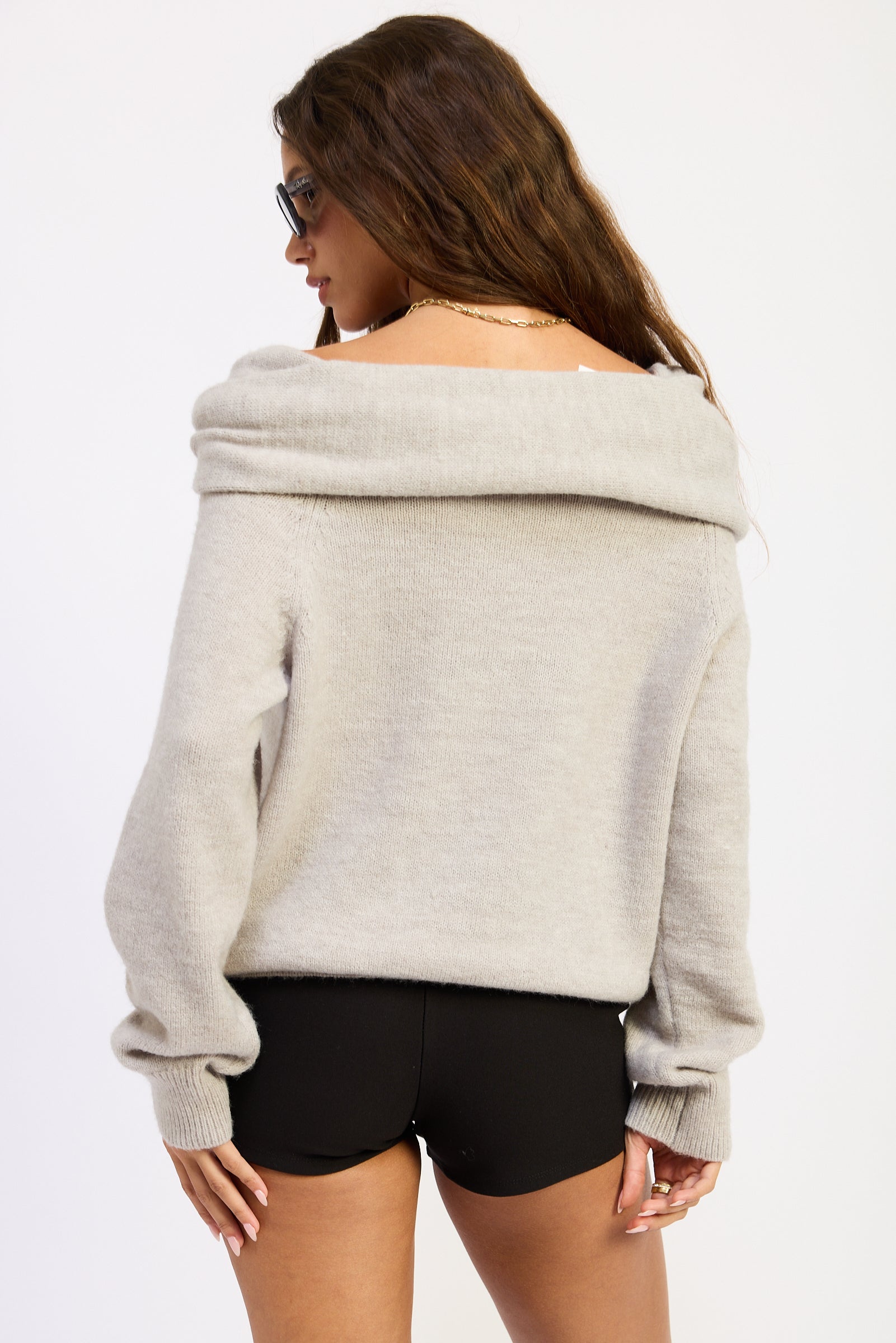 Off Shoulder Bubble Sweater in grey, close-up