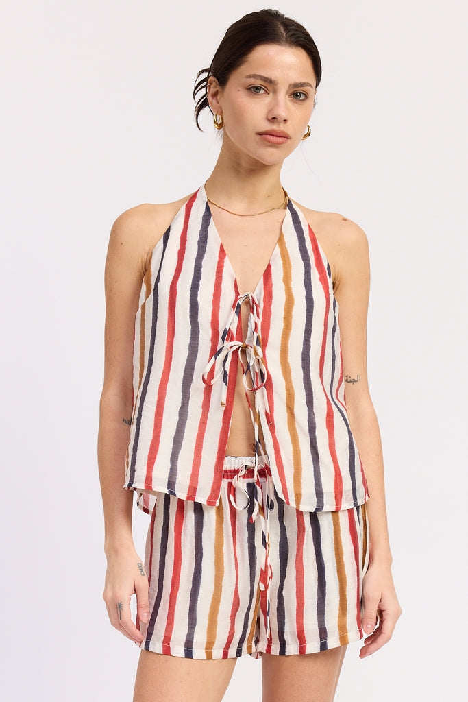 Vale Tie Top in Red Navy Stripe - front view showing double front tie