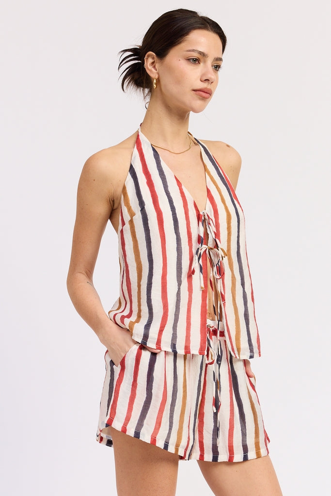 Vale Tie Top in Red Navy Stripe - back view