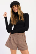 Mid Rise Plaid Shorts in red brown, back view