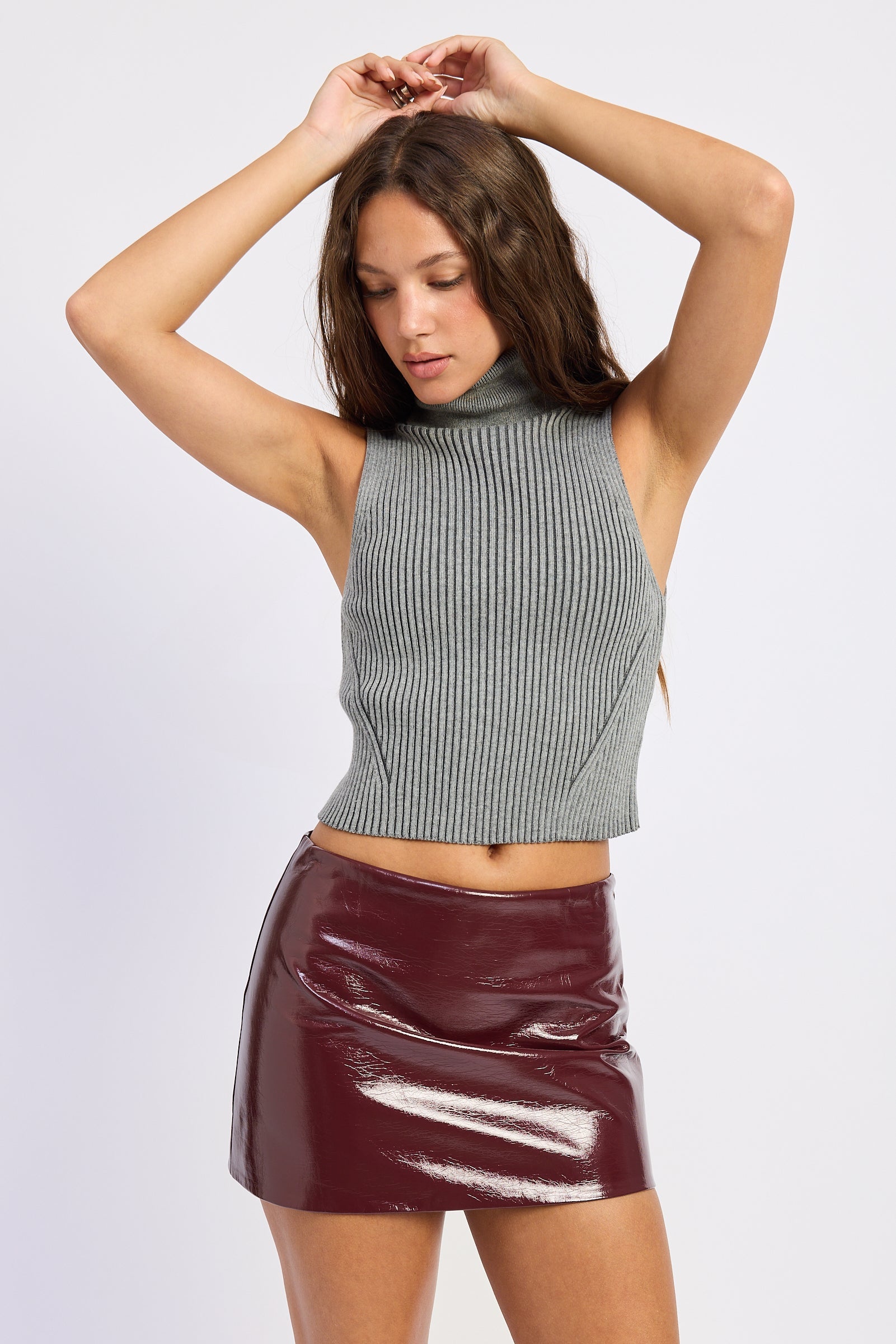 Mini Faux Leather Skirt in black cherry, worn