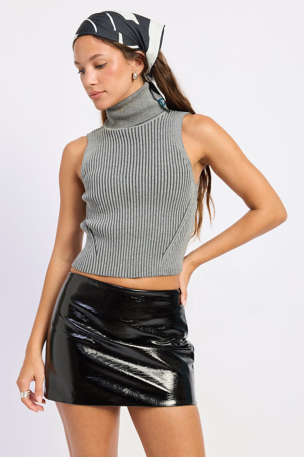 Mini Faux Leather Skirt in black, worn