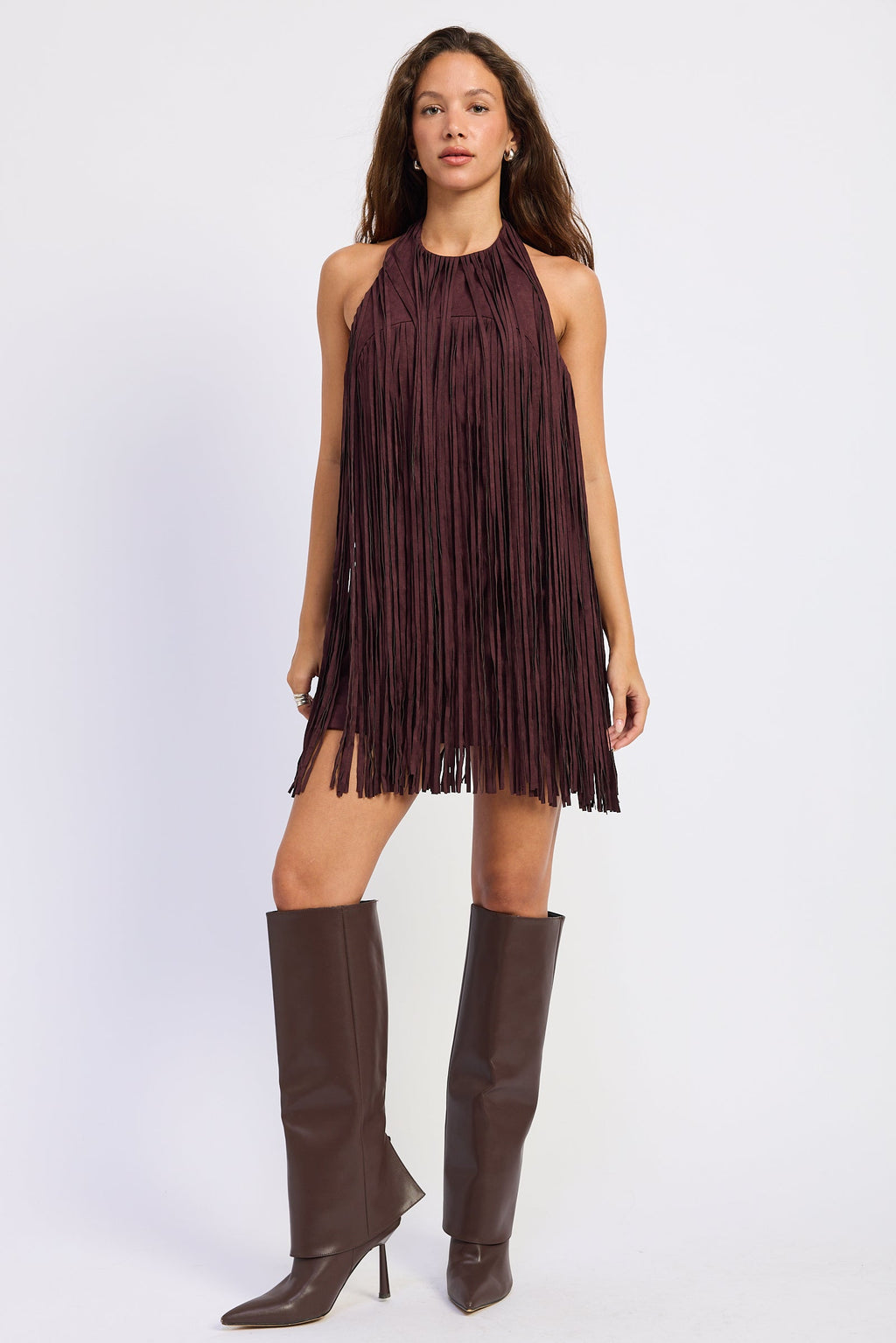 Suede Fringe Mini Dress in black cherry, front view