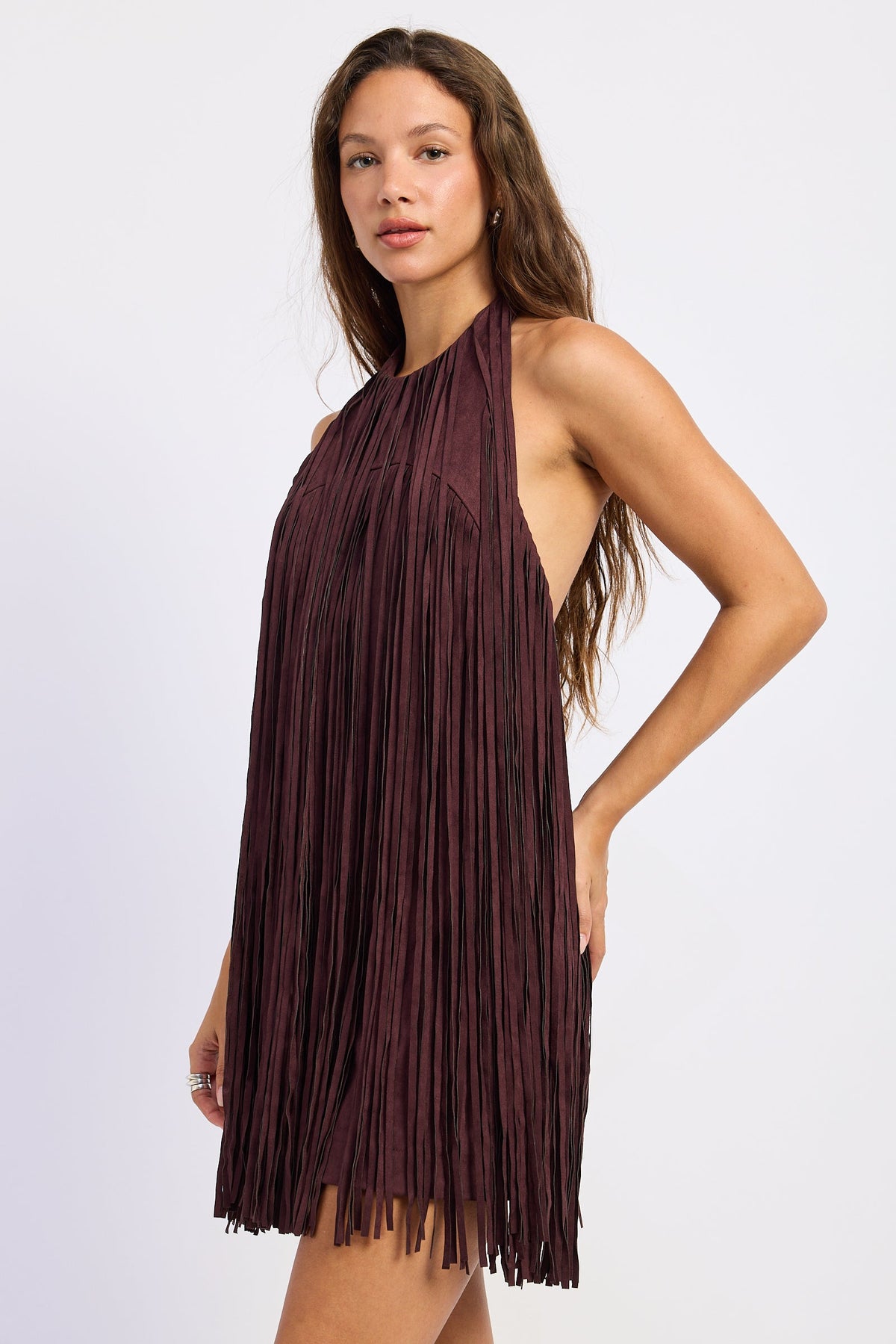 Suede Fringe Mini Dress in black cherry, side view