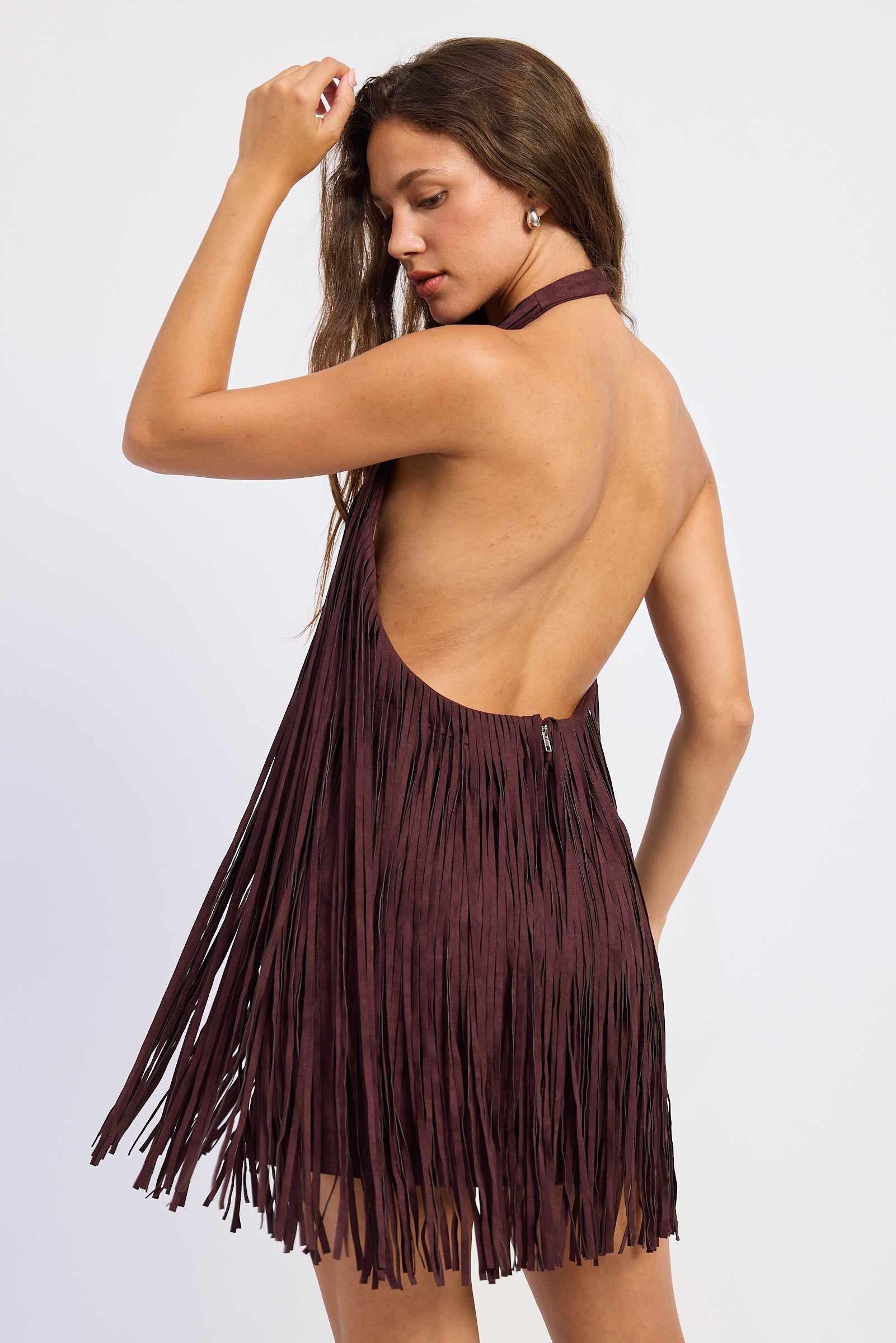 Suede Fringe Mini Dress in black cherry, close-up