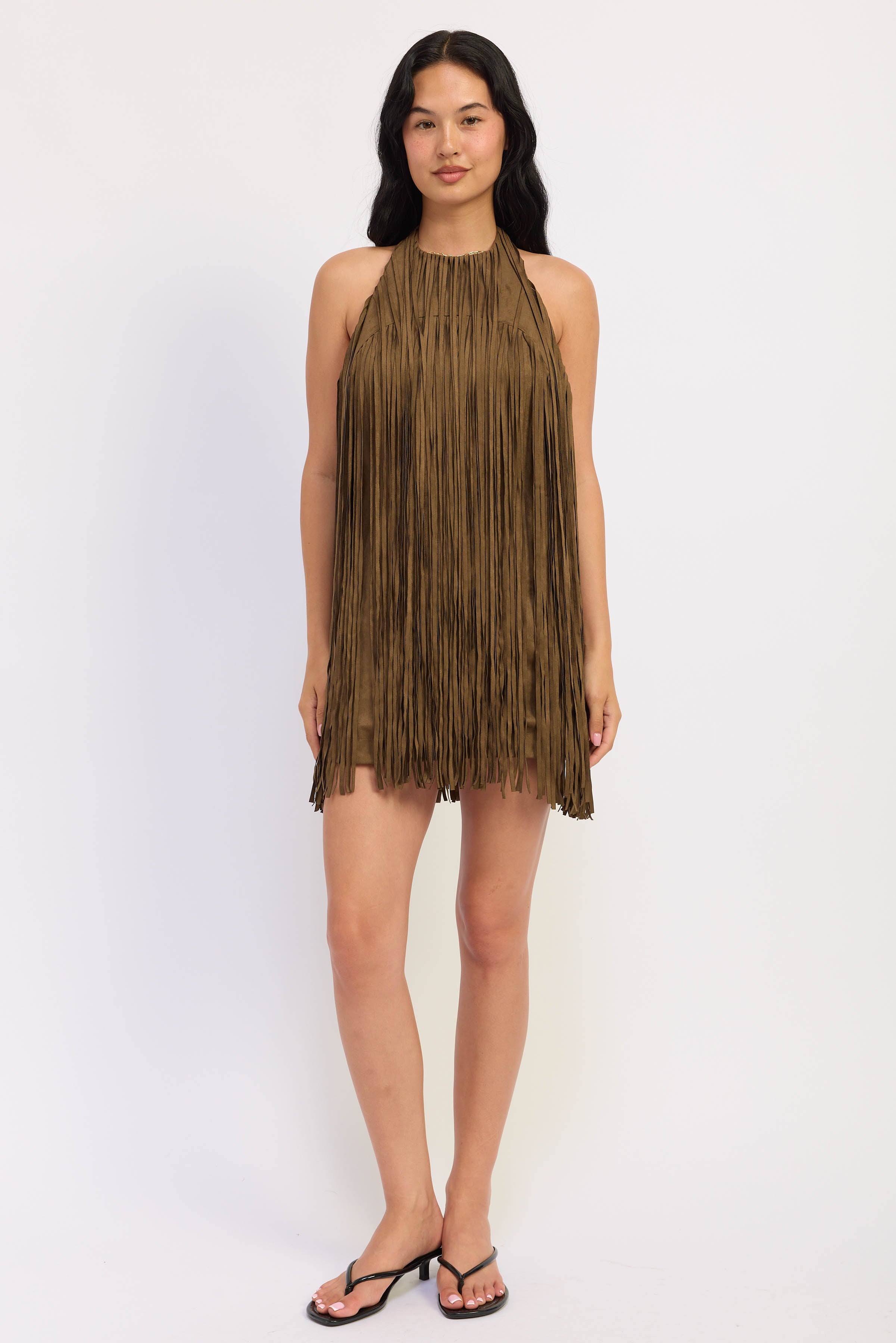 Suede Fringe Mini Dress in olive, front view