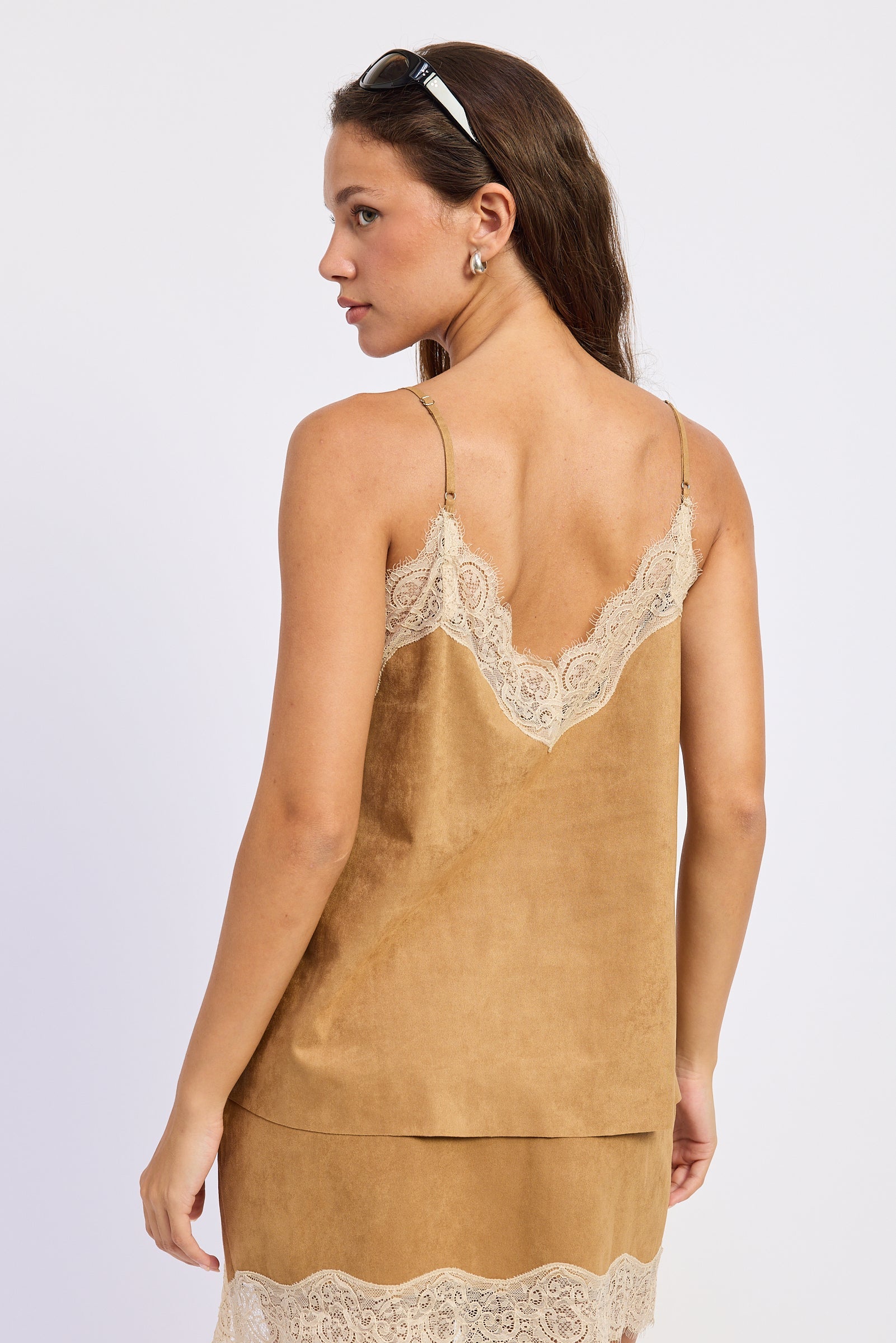 Spaghetti Strap Lace Cami Top in camel, close-up