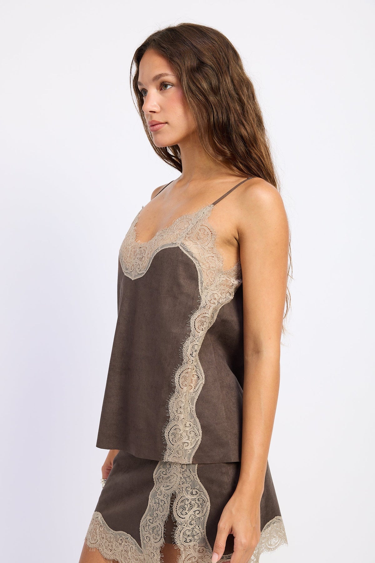 Spaghetti Strap Lace Cami Top in espresso, side view