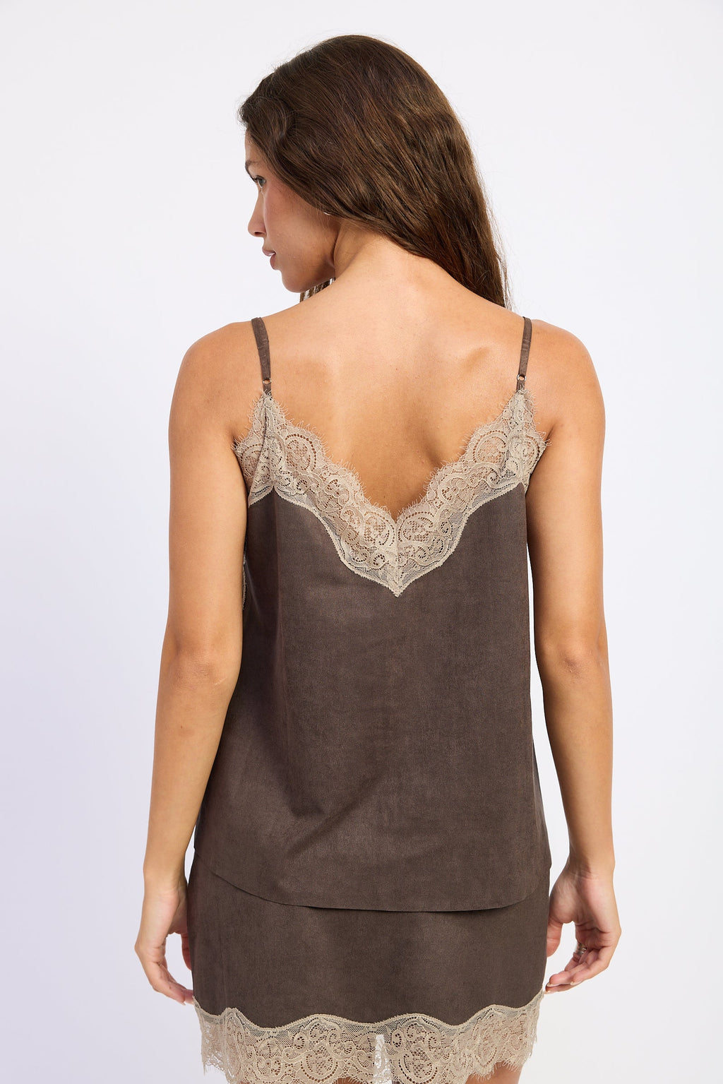 Spaghetti Strap Lace Cami Top in espresso, close-up