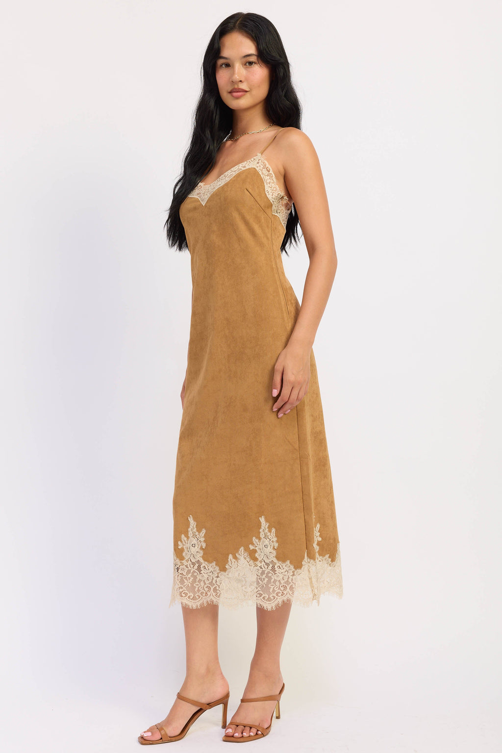 Lace Suede Midi Dress in camel, detail