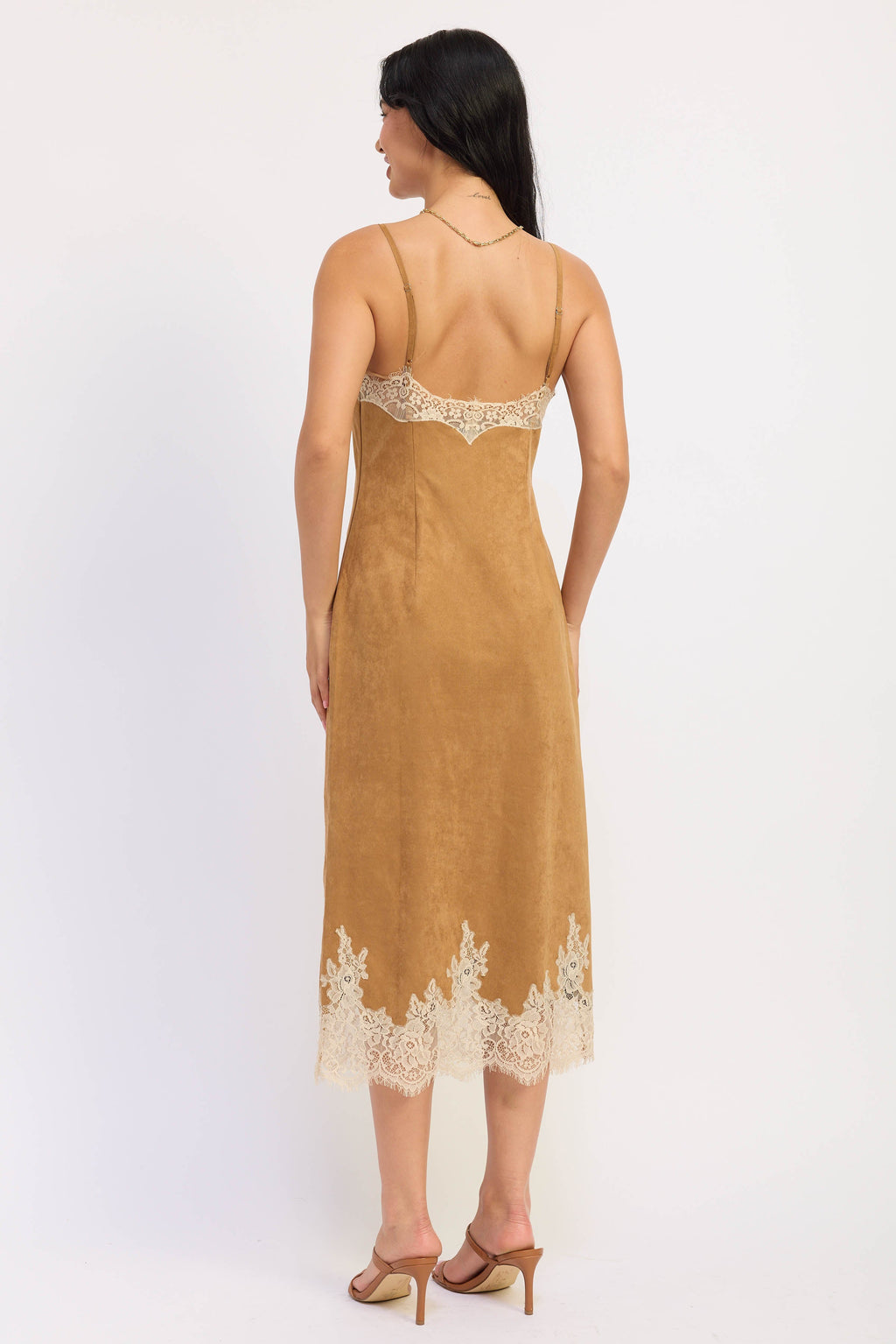 Lace Suede Midi Dress in camel, side view