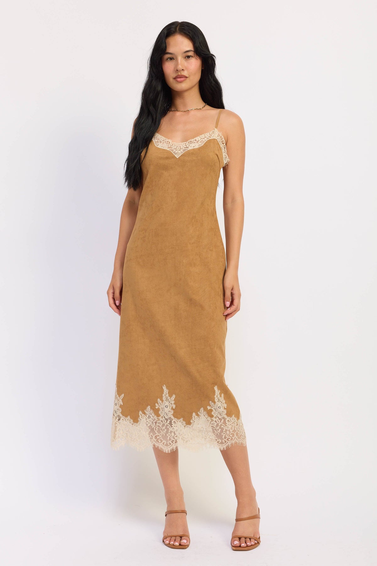 Lace Suede Midi Dress in camel, back view