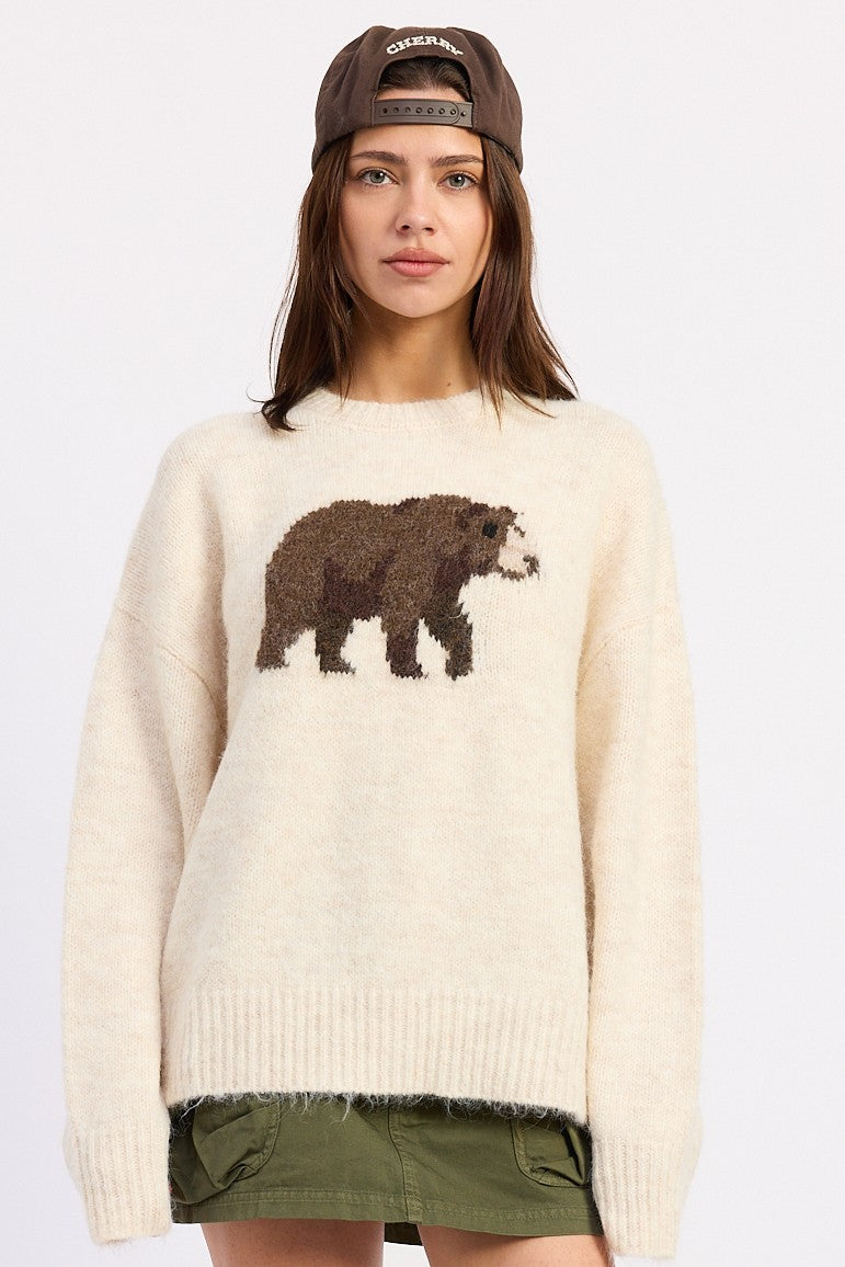 Cream Tilly knit sweater with grizzly bear graphic - view 1