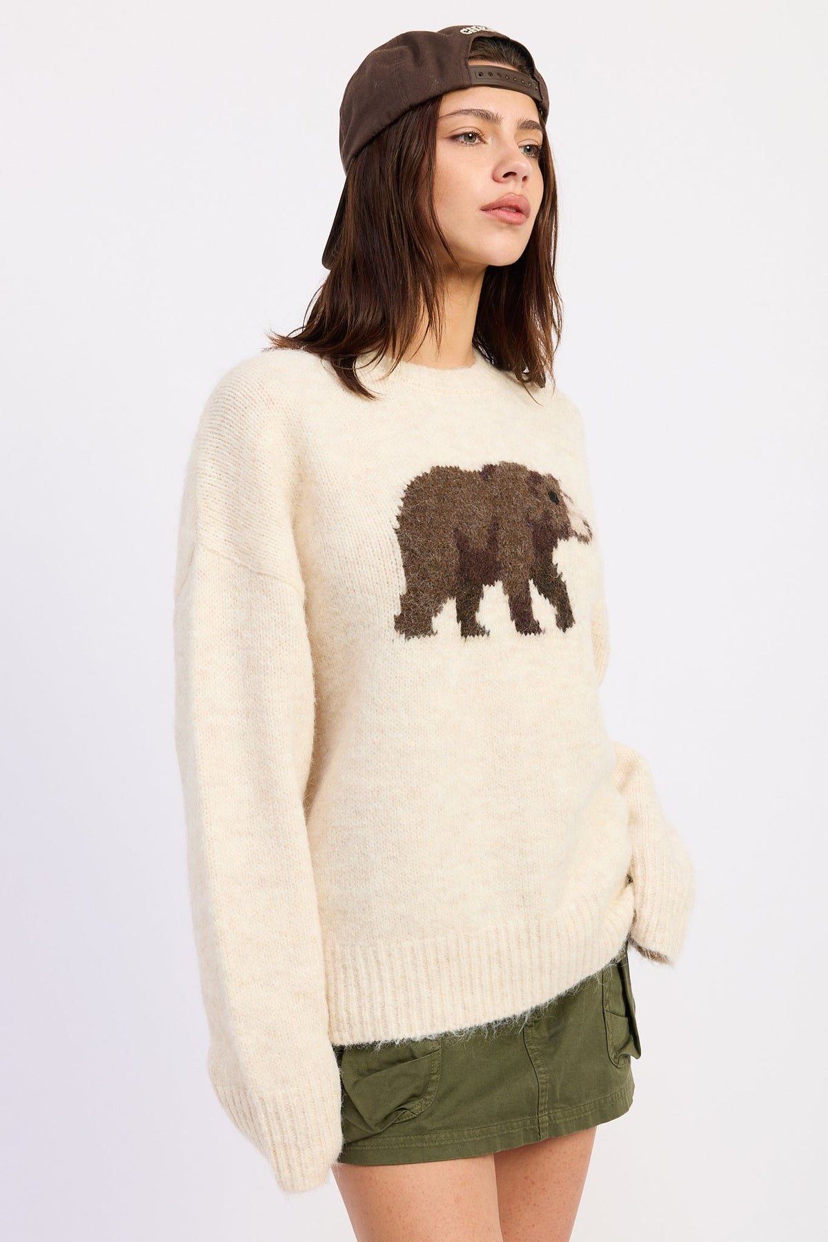 Cream Tilly knit sweater with grizzly bear graphic - view 2