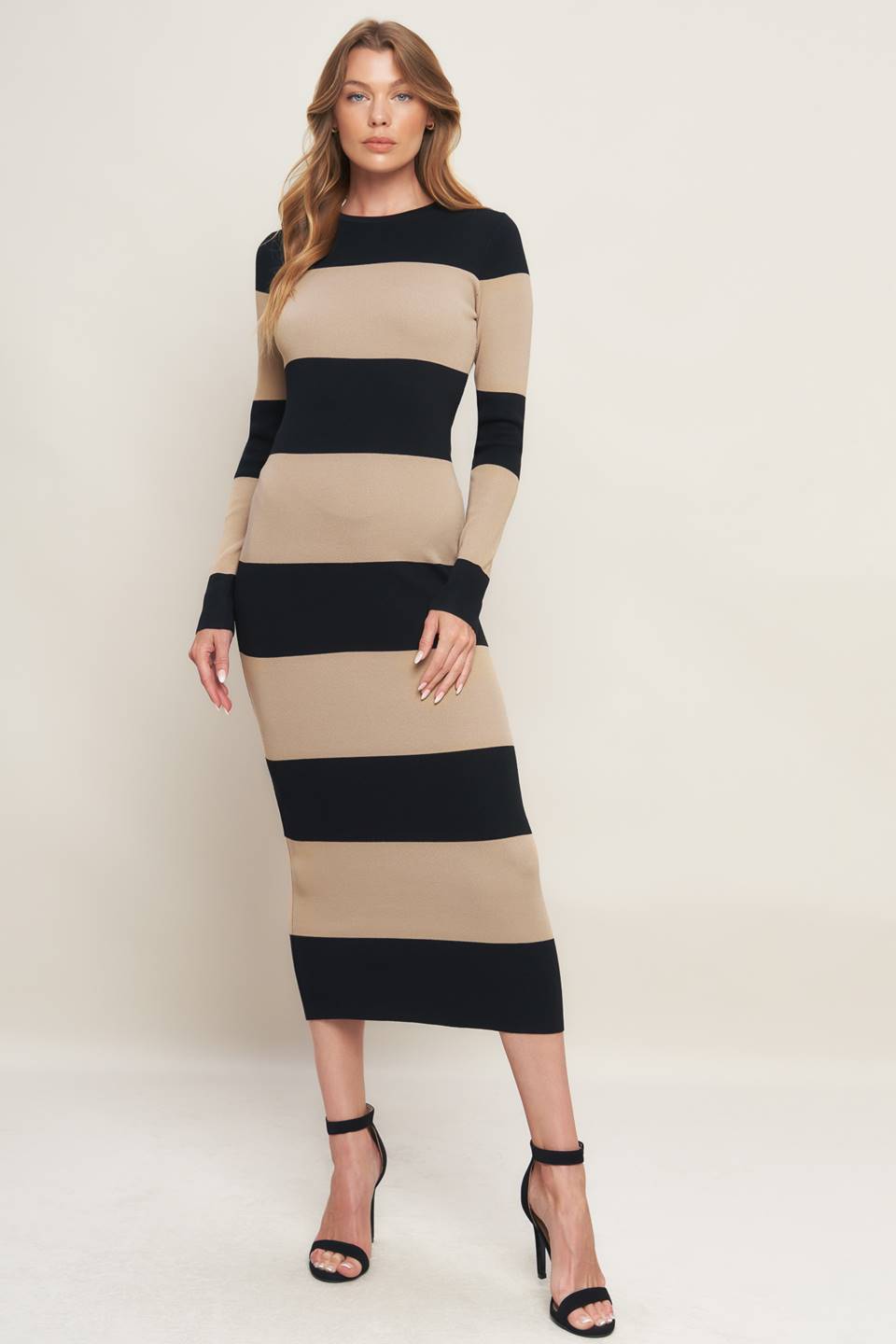 Espresso & Cream Sweater Knit Midi Dress in black taupe, front view