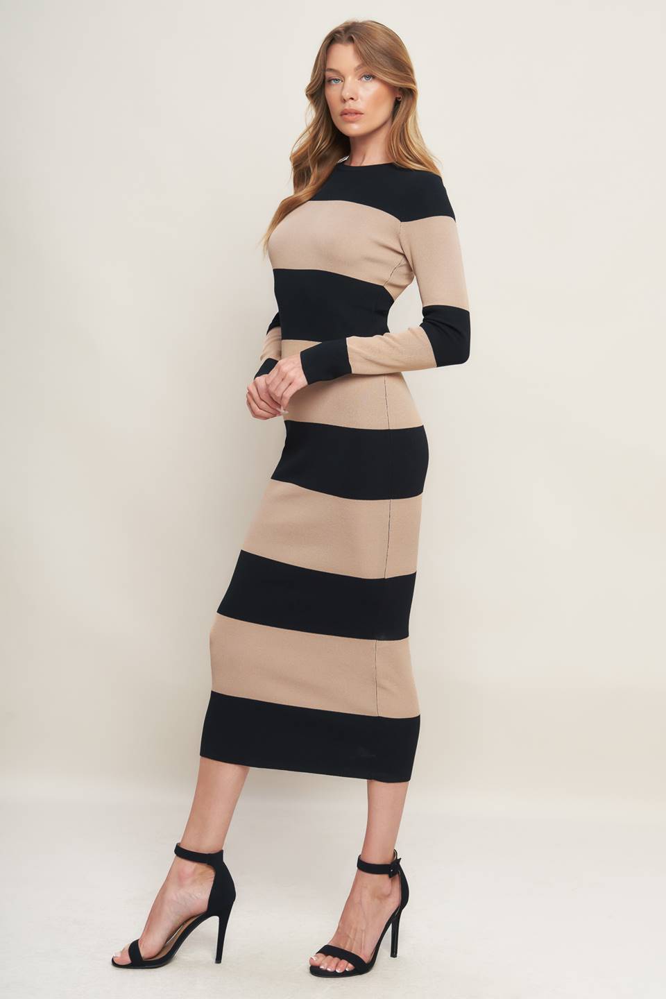 Espresso & Cream Sweater Knit Midi Dress in black taupe, detail