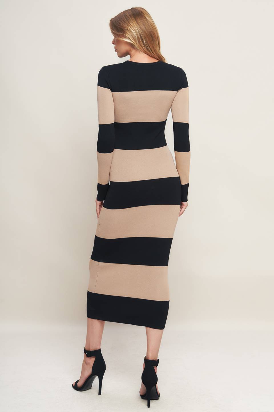 Espresso & Cream Sweater Knit Midi Dress in black taupe, back view