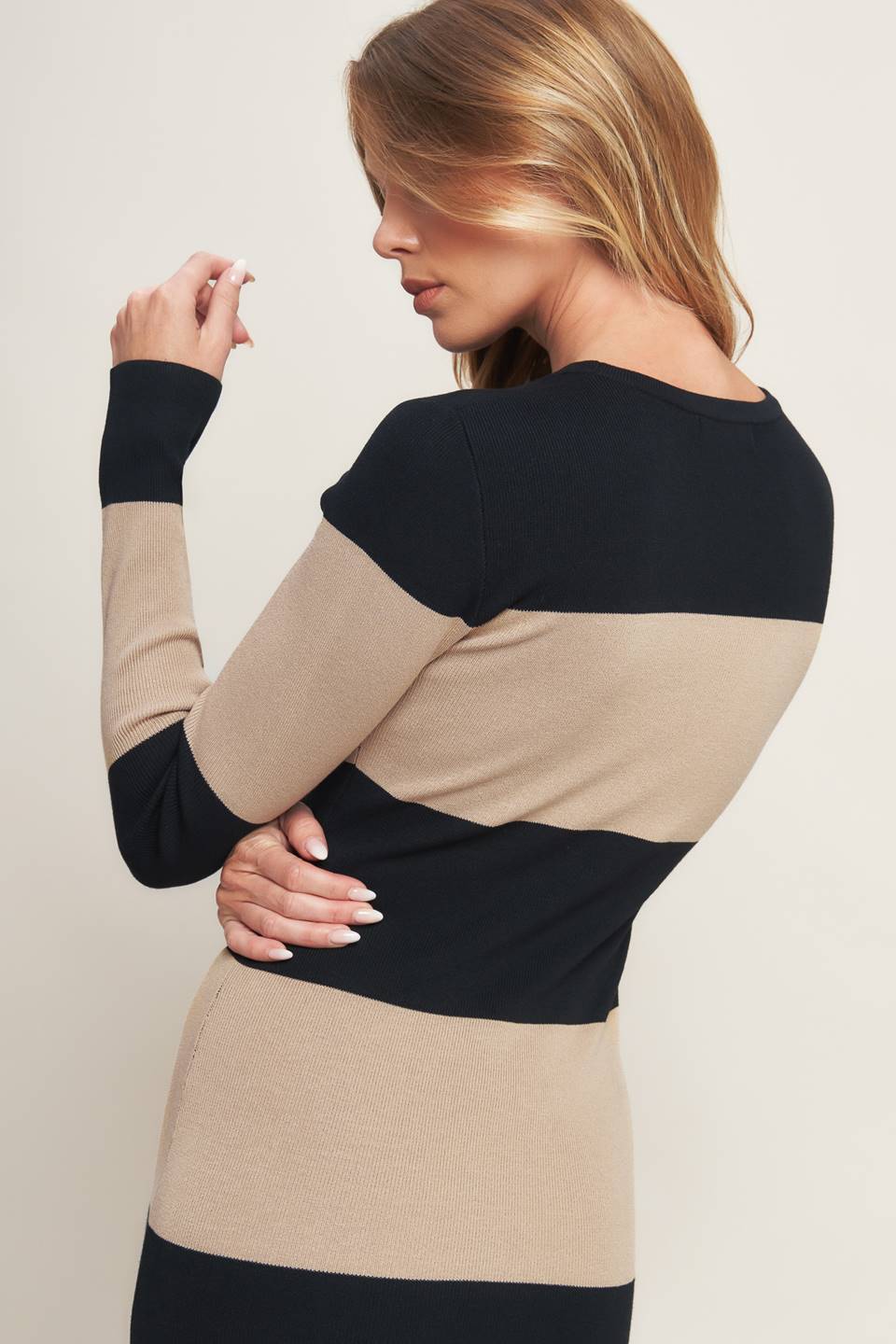 Espresso & Cream Sweater Knit Midi Dress in black taupe, worn