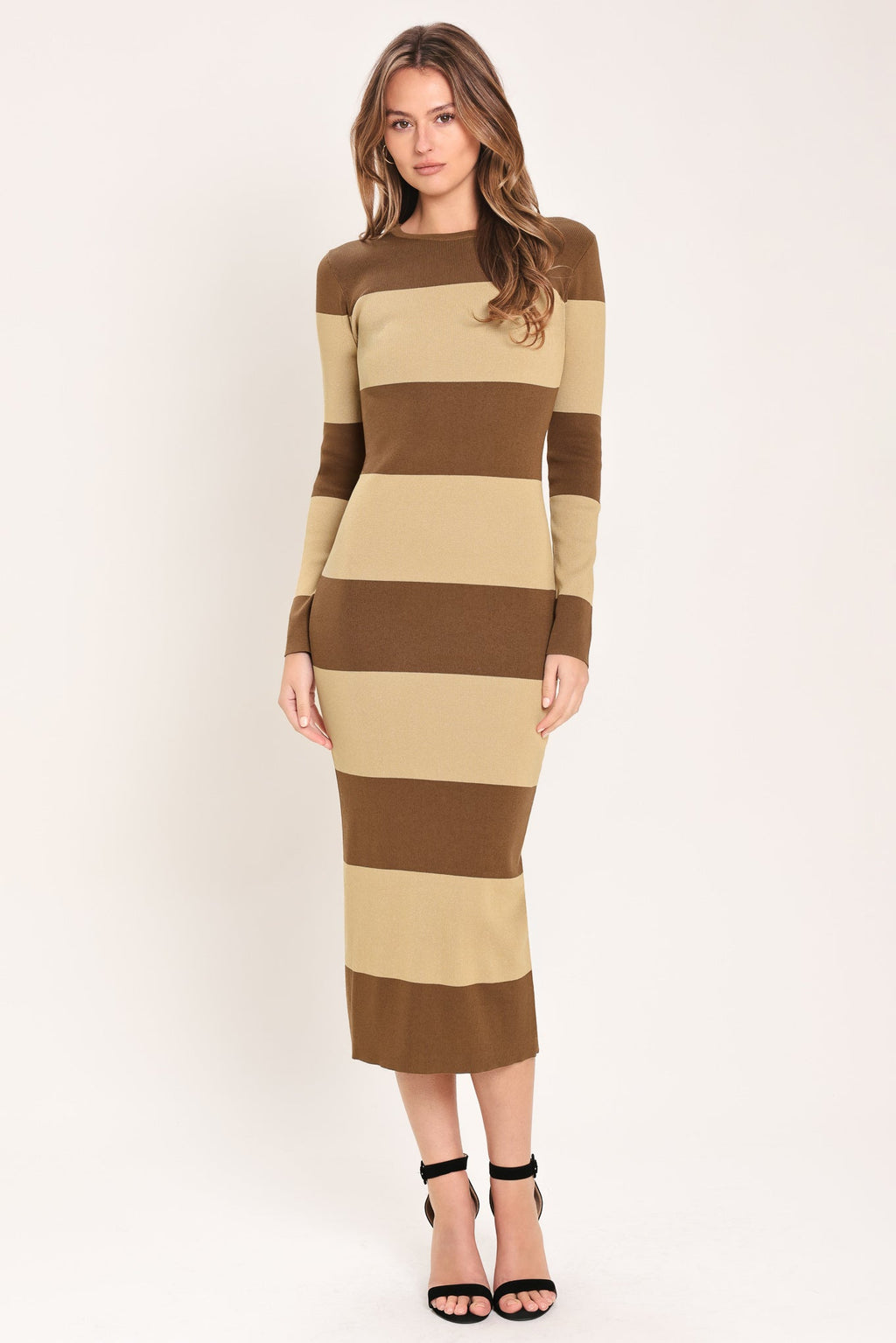 Espresso & Cream Sweater Knit Midi Dress in brown, front view