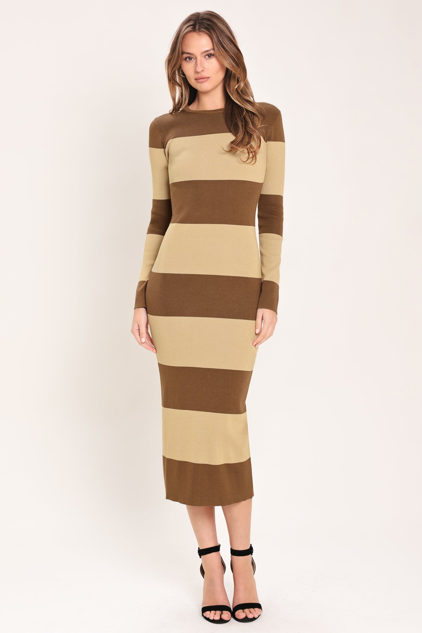 Espresso & Cream Sweater Knit Midi Dress in brown, front view