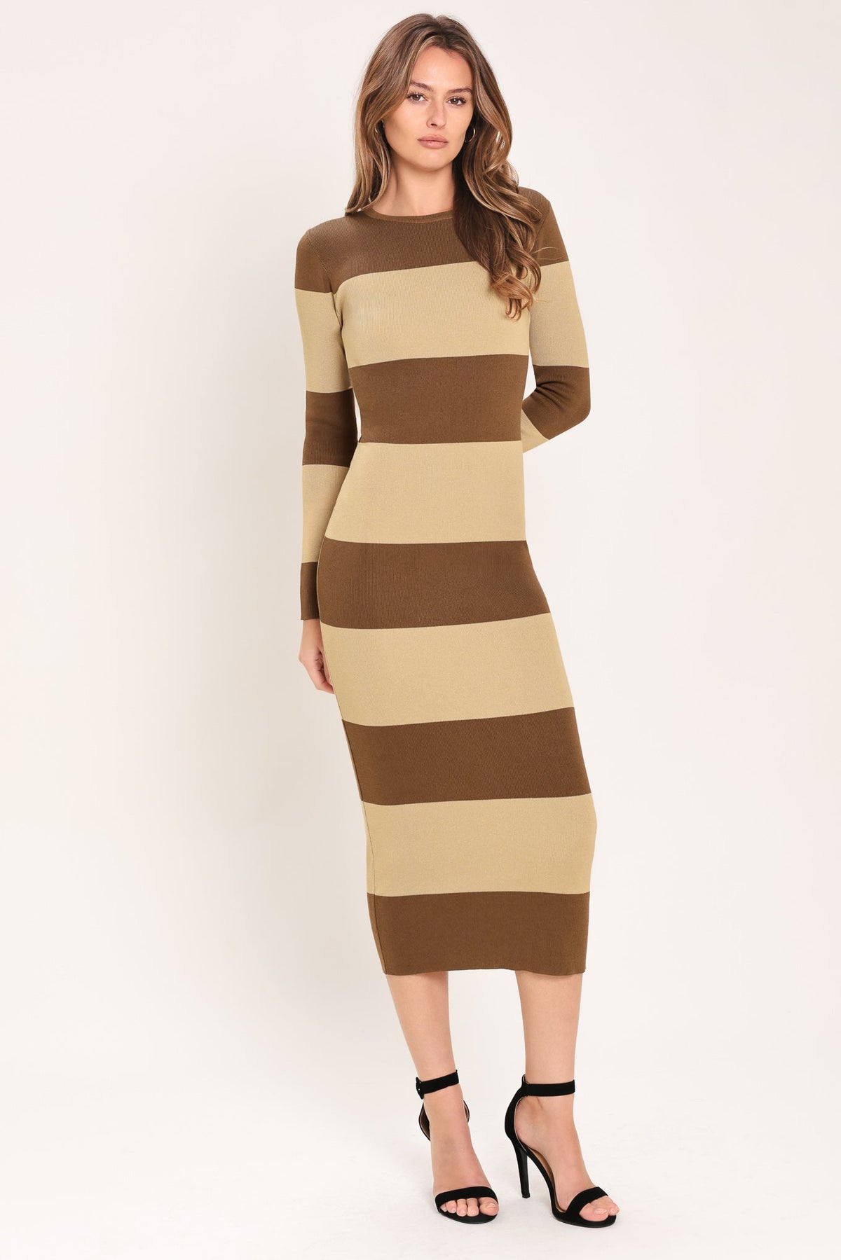 Espresso & Cream Sweater Knit Midi Dress in brown, side view