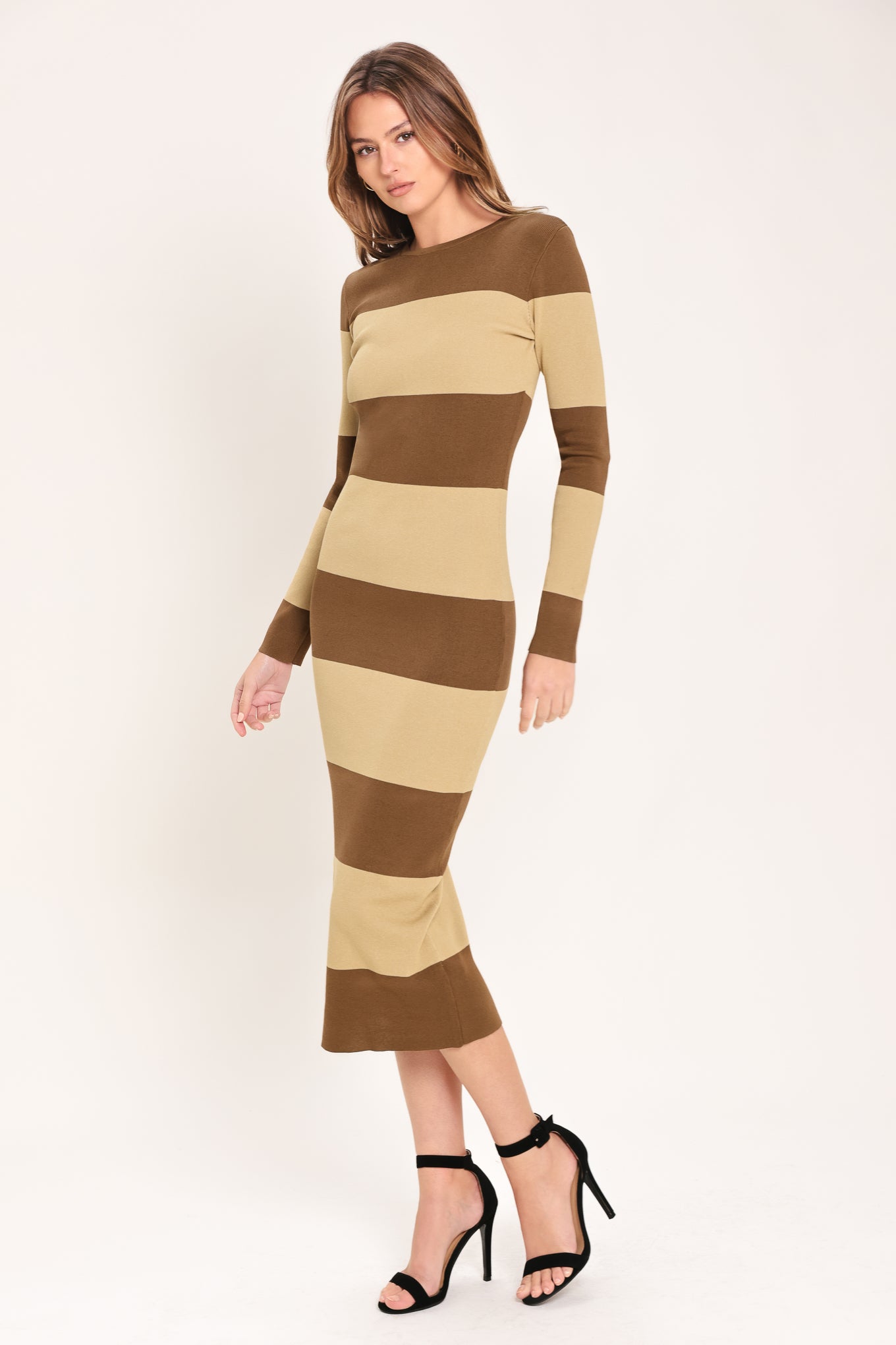 Espresso & Cream Sweater Knit Midi Dress in brown, close-up