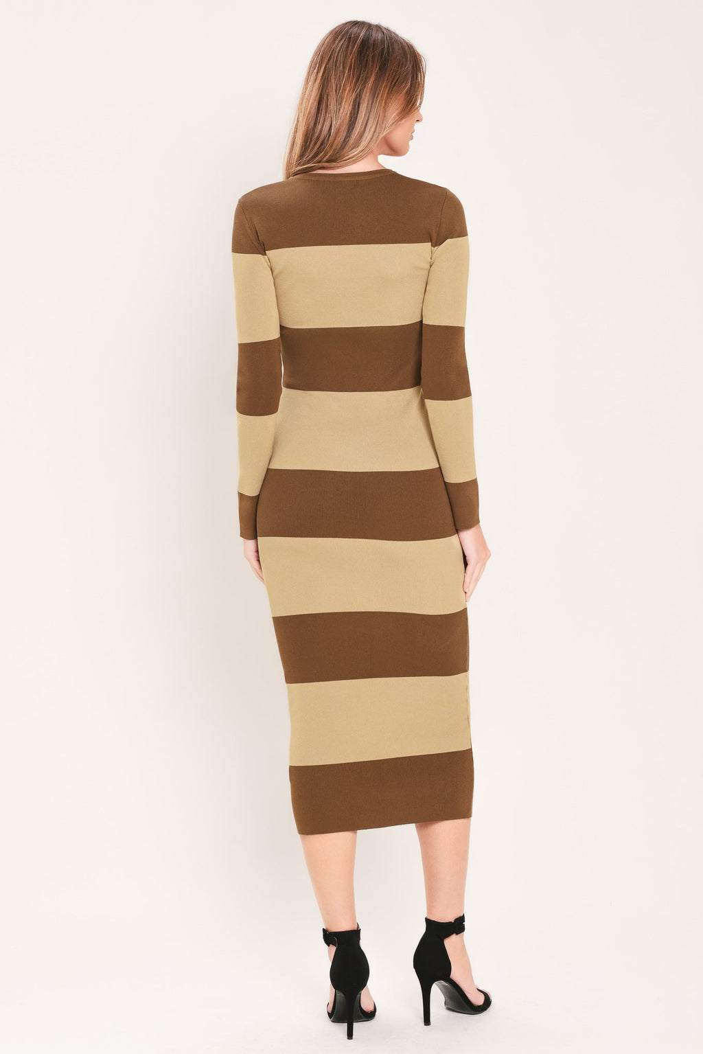 Espresso & Cream Sweater Knit Midi Dress in brown, worn