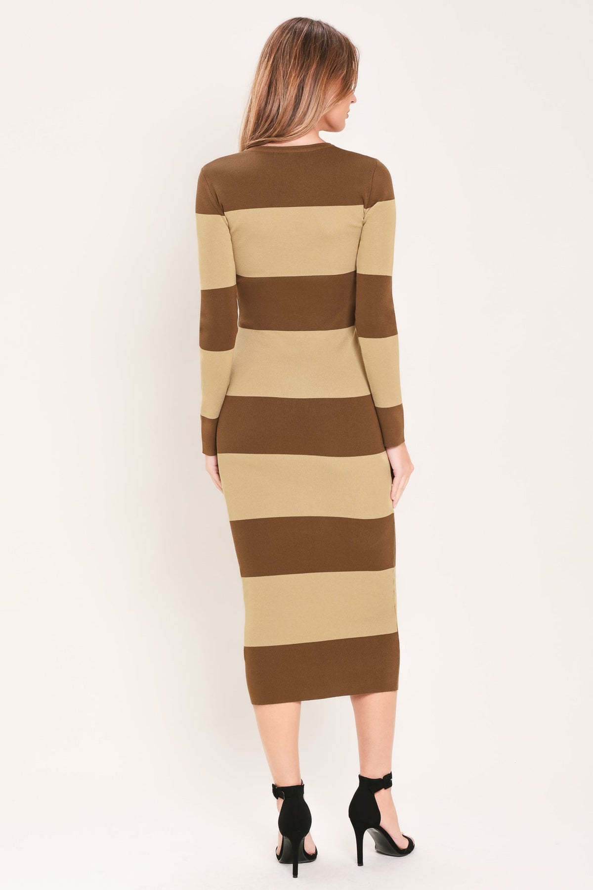 Espresso & Cream Sweater Knit Midi Dress in brown, worn