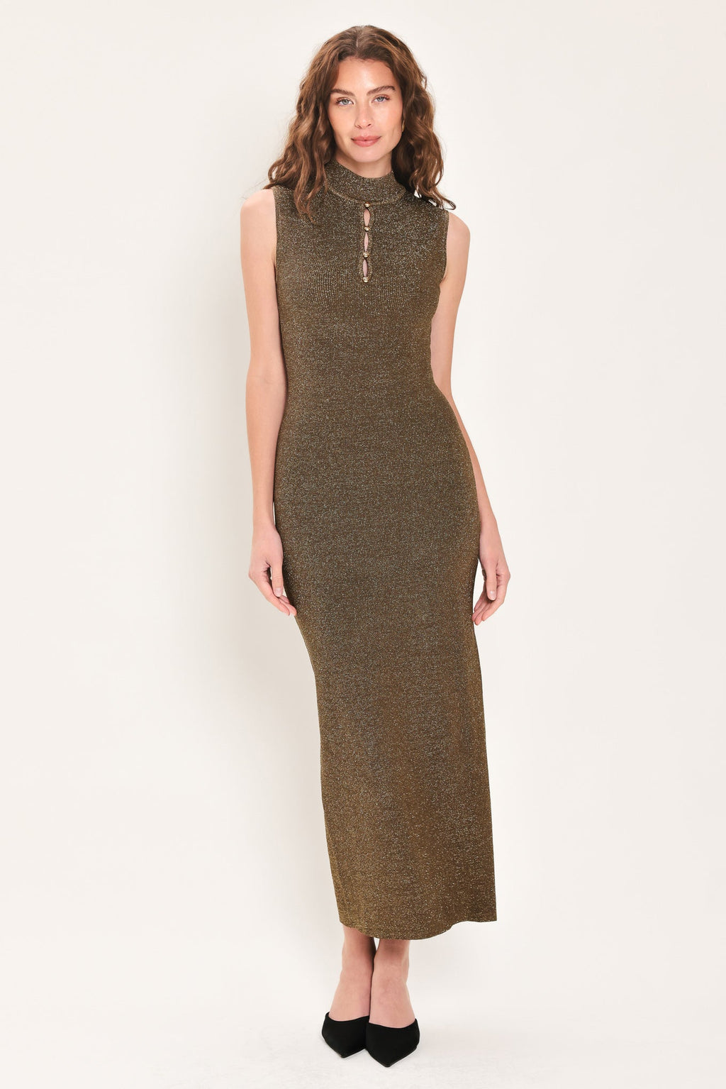 Keyhole Sleeveless Sweater Midi Dress in brown, alternate view