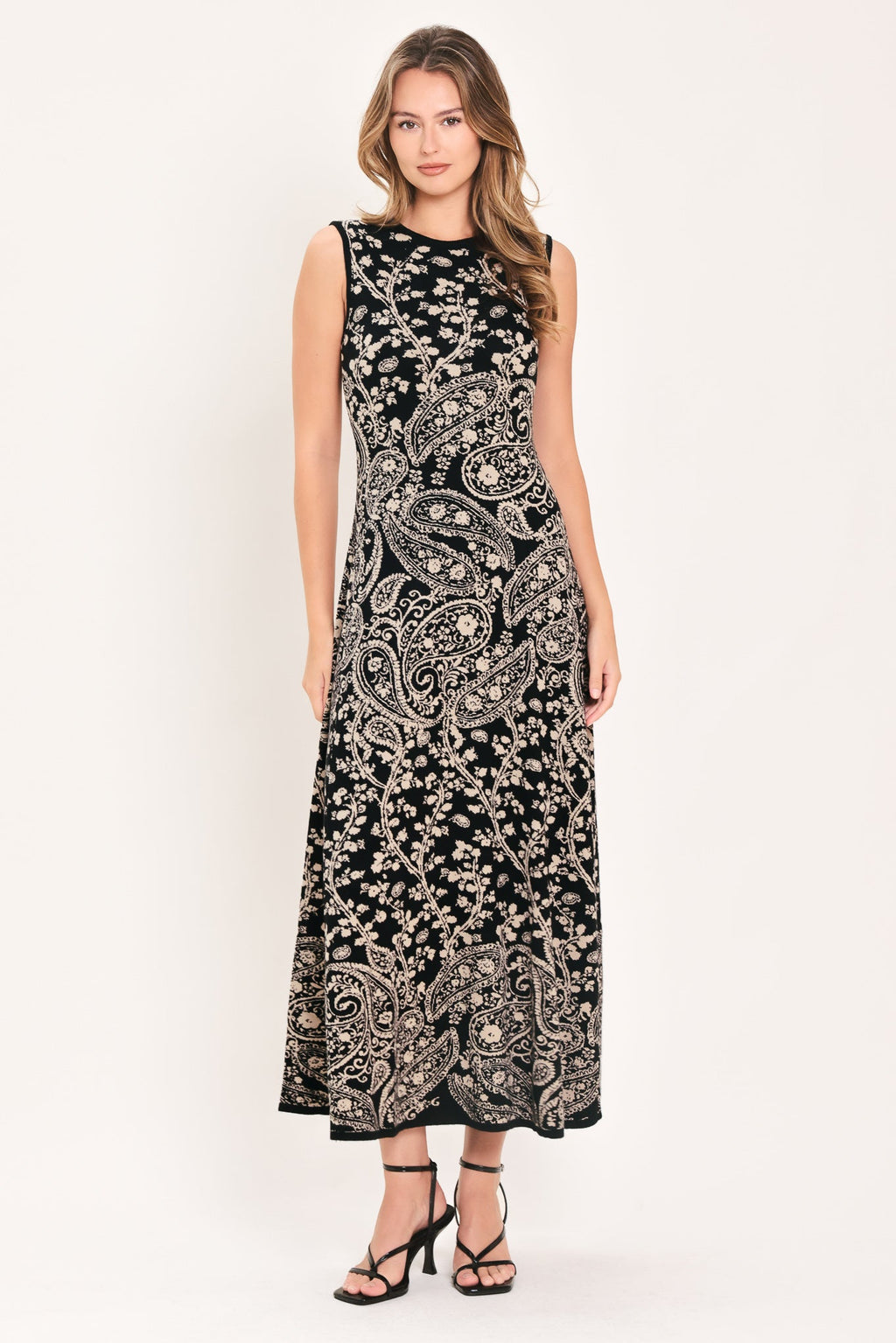 Hazel Paisley Jacquard Sweater Midi Dress in black, front view