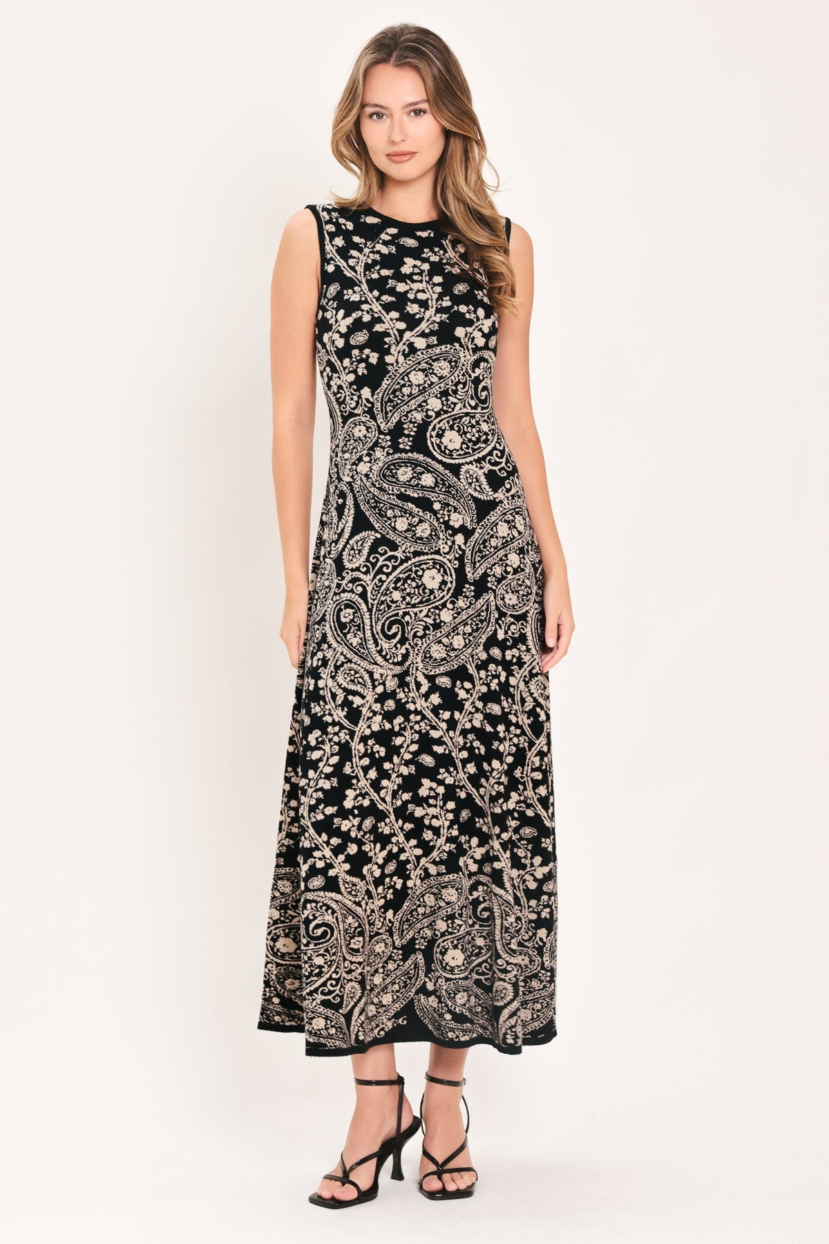 Hazel Paisley Jacquard Sweater Midi Dress in black, front view